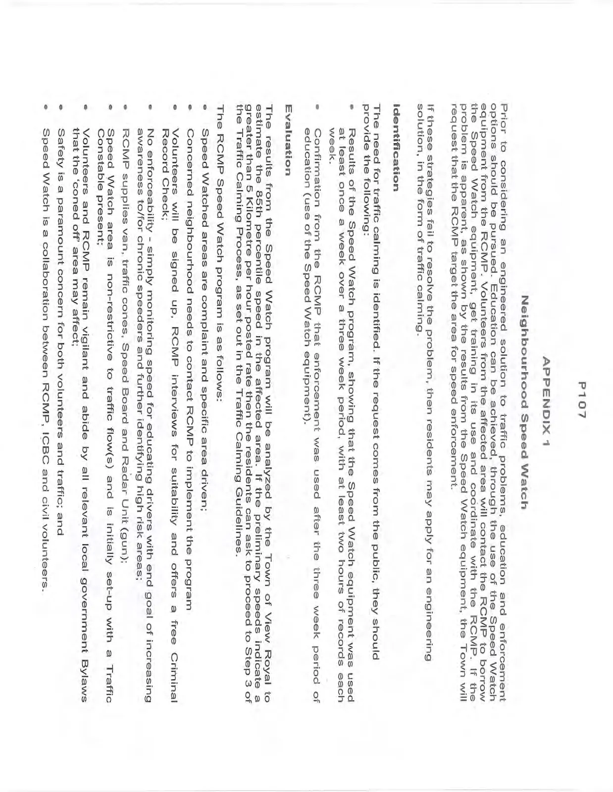 Document page outlining the Neighbourhood Speed Watch program procedures and requirements.