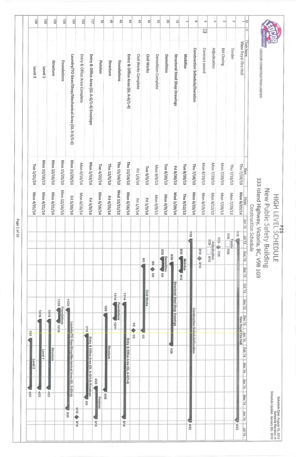 Gantt chart displaying the first page of the high-level construction schedule for the View Royal Fire Hall, including procurement, mobilization, demolition, civil works, and primary structural phases from July 2013 through July 2014.