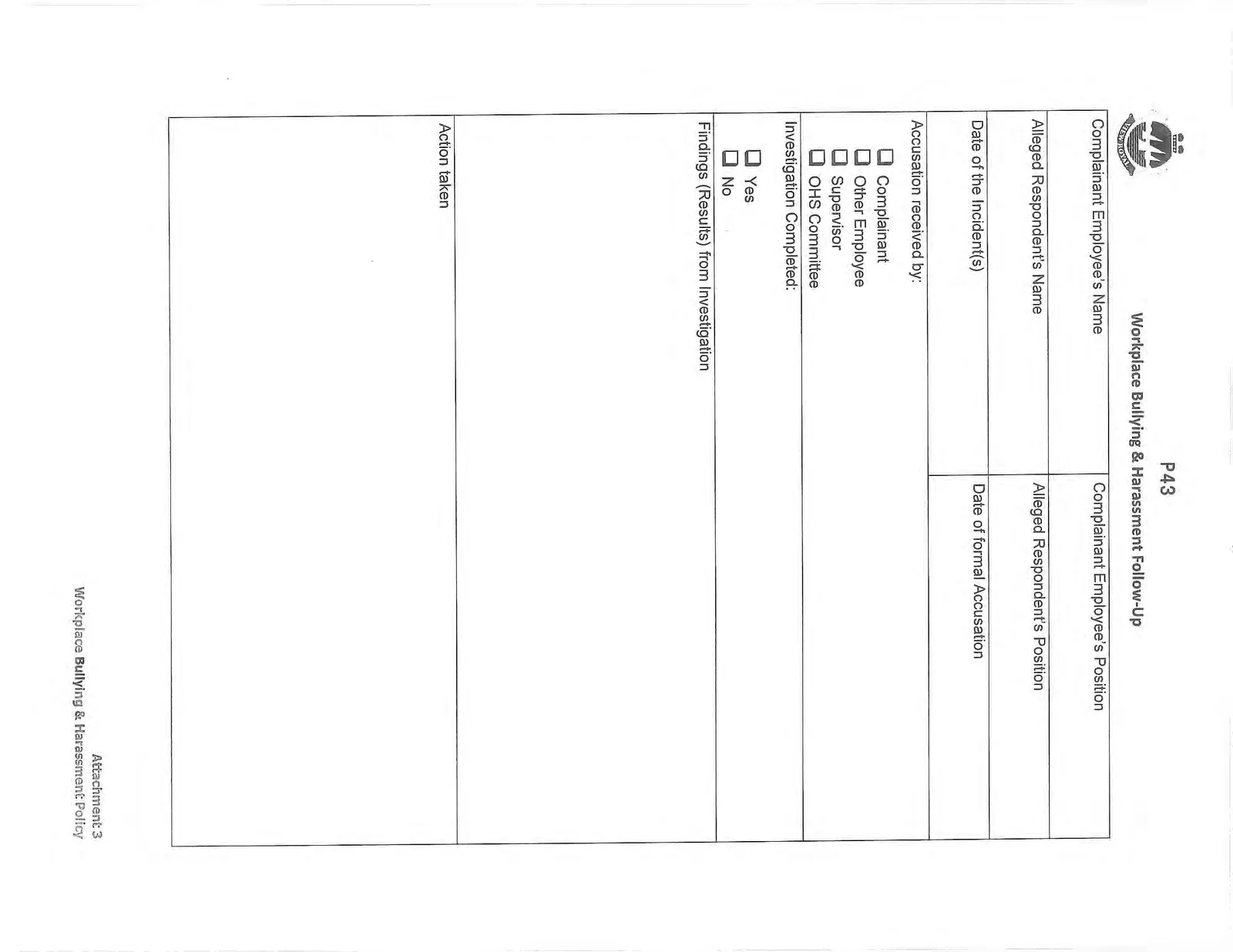Workplace Bullying & Harassment Follow-Up form