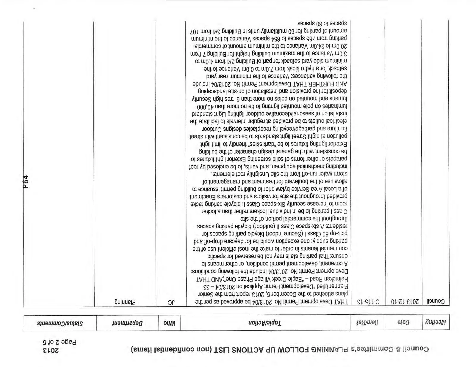 Planning Follow Up Actions List table, page 2 of 5