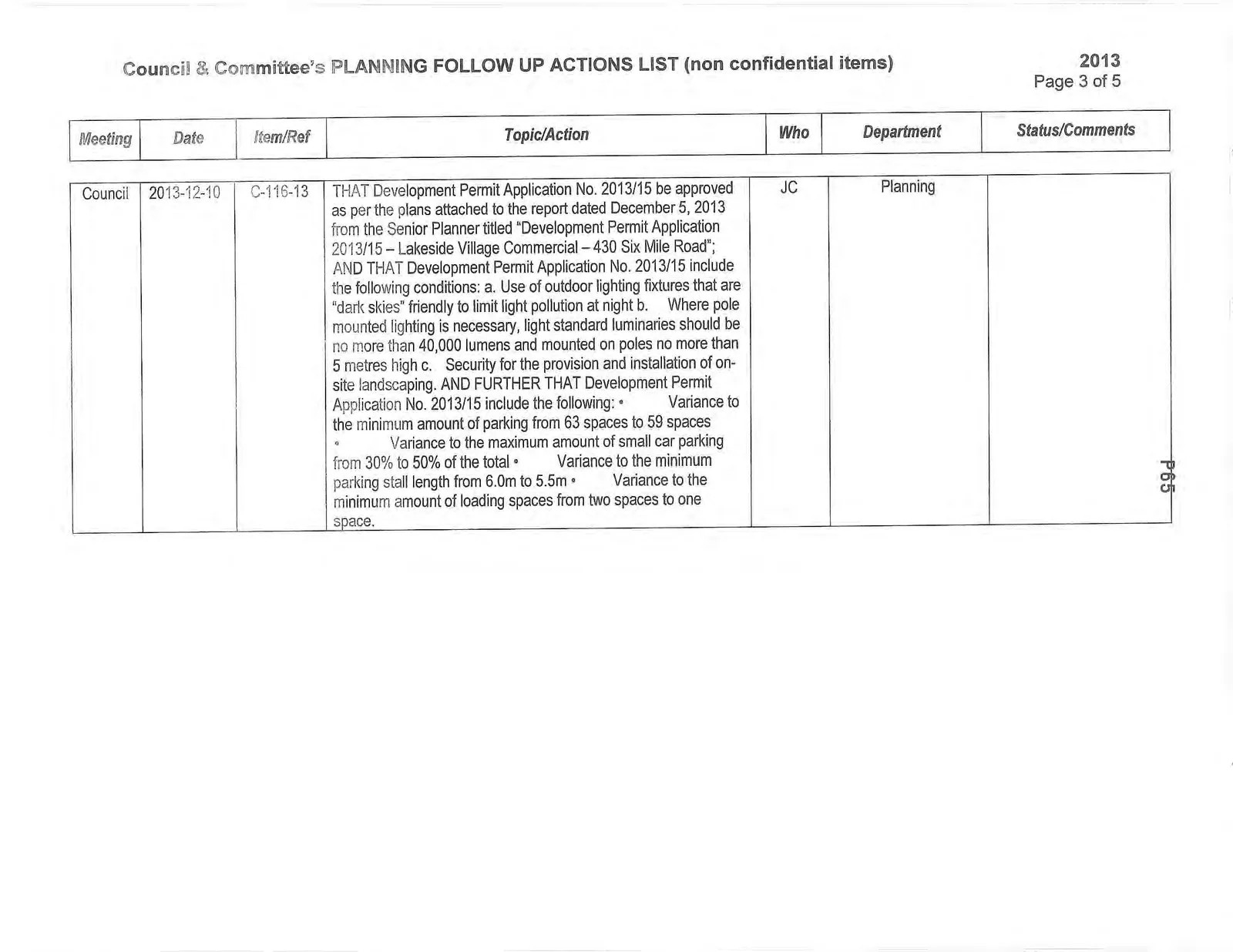 Planning Follow Up Actions List table, page 3 of 5