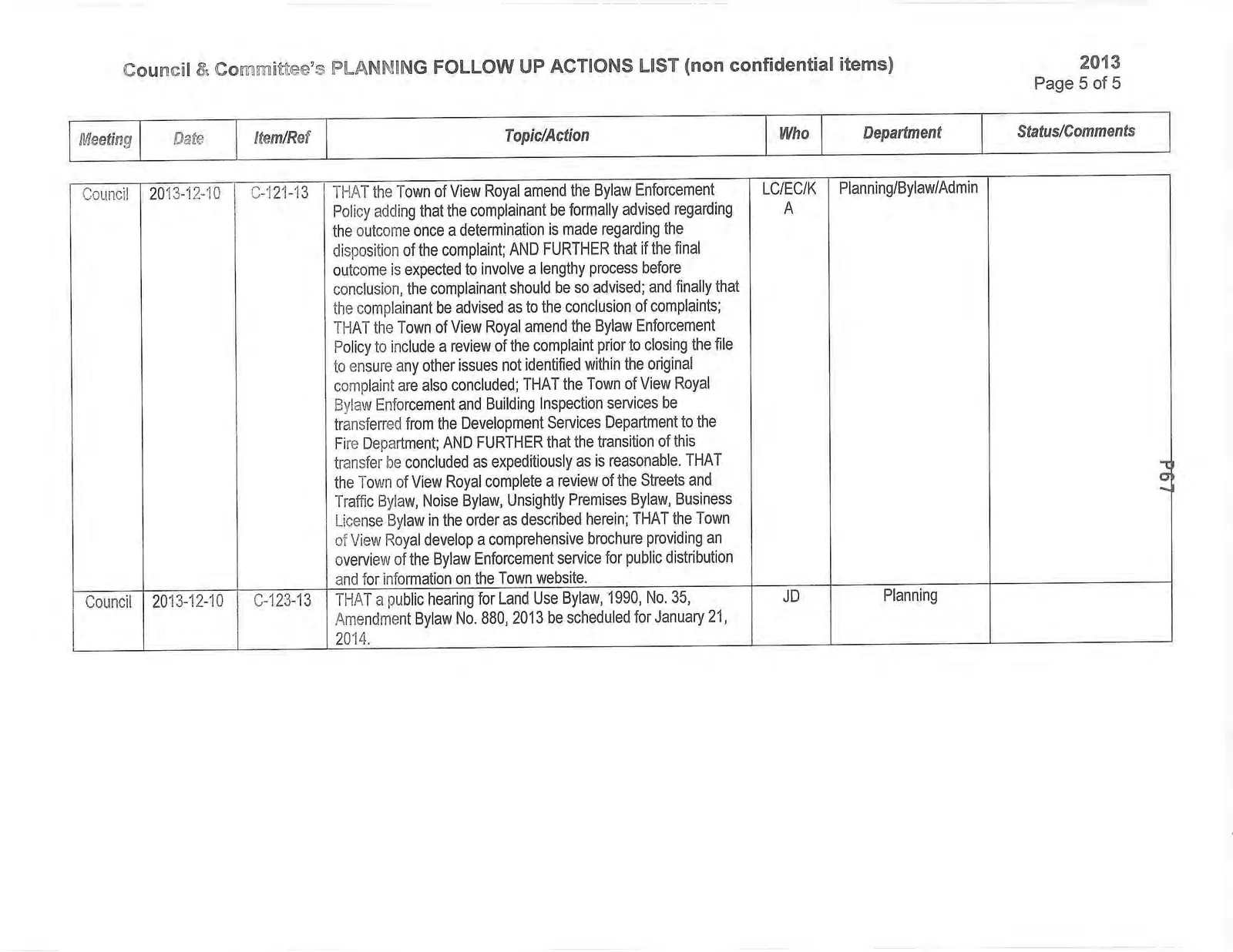 Planning Follow Up Actions List table, page 5 of 5