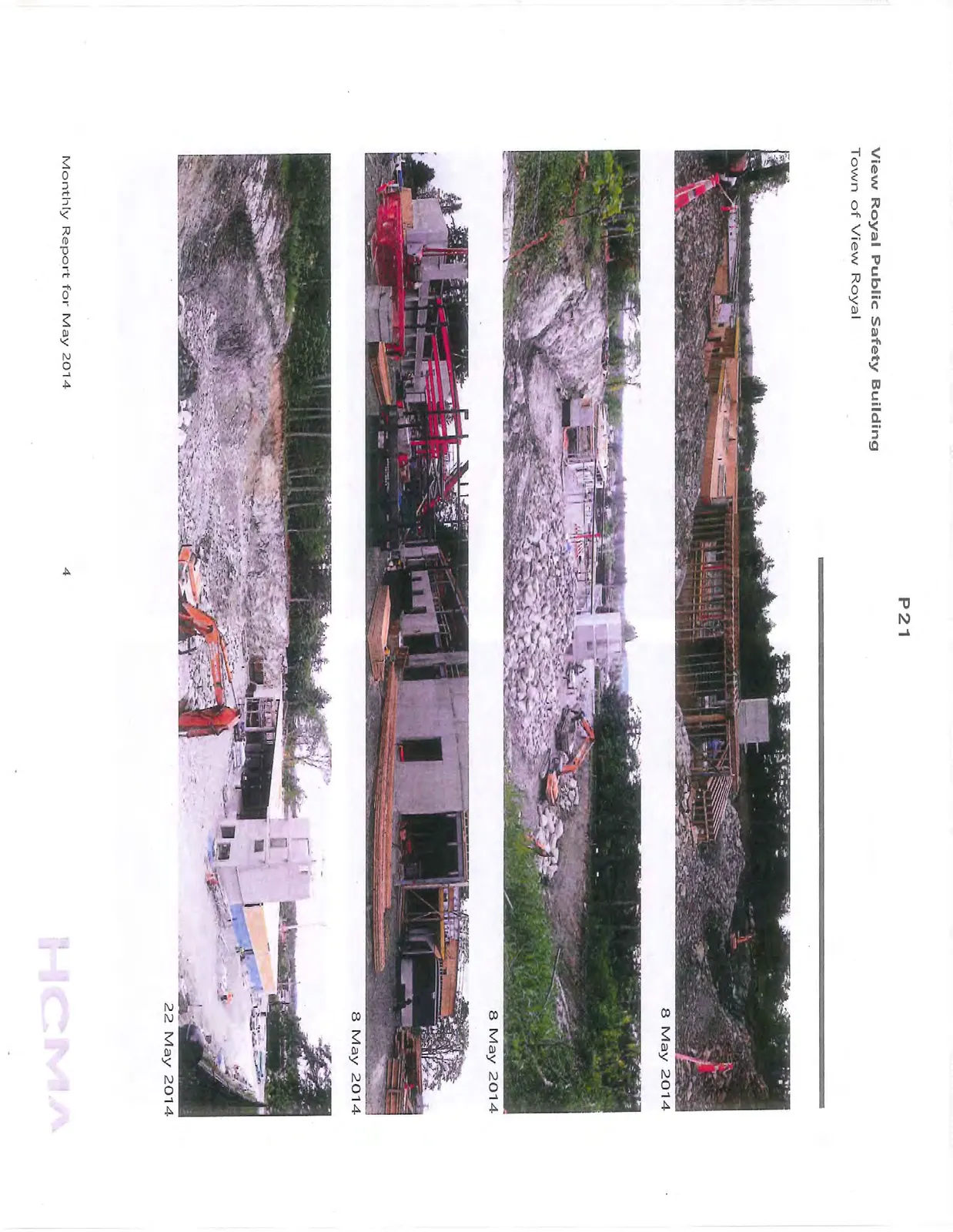 Wide panorama of construction site with building framing and rock piles, 8 May 2014