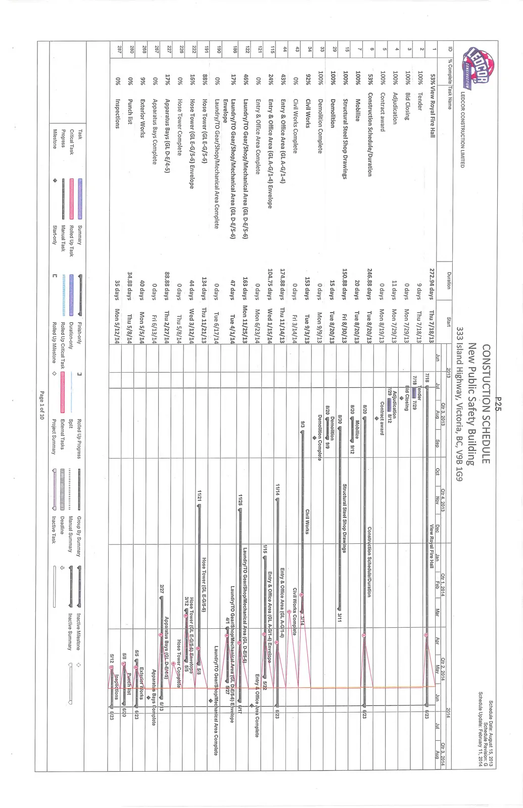 Detailed Gantt chart showing construction schedule from June 2013 to August 2014