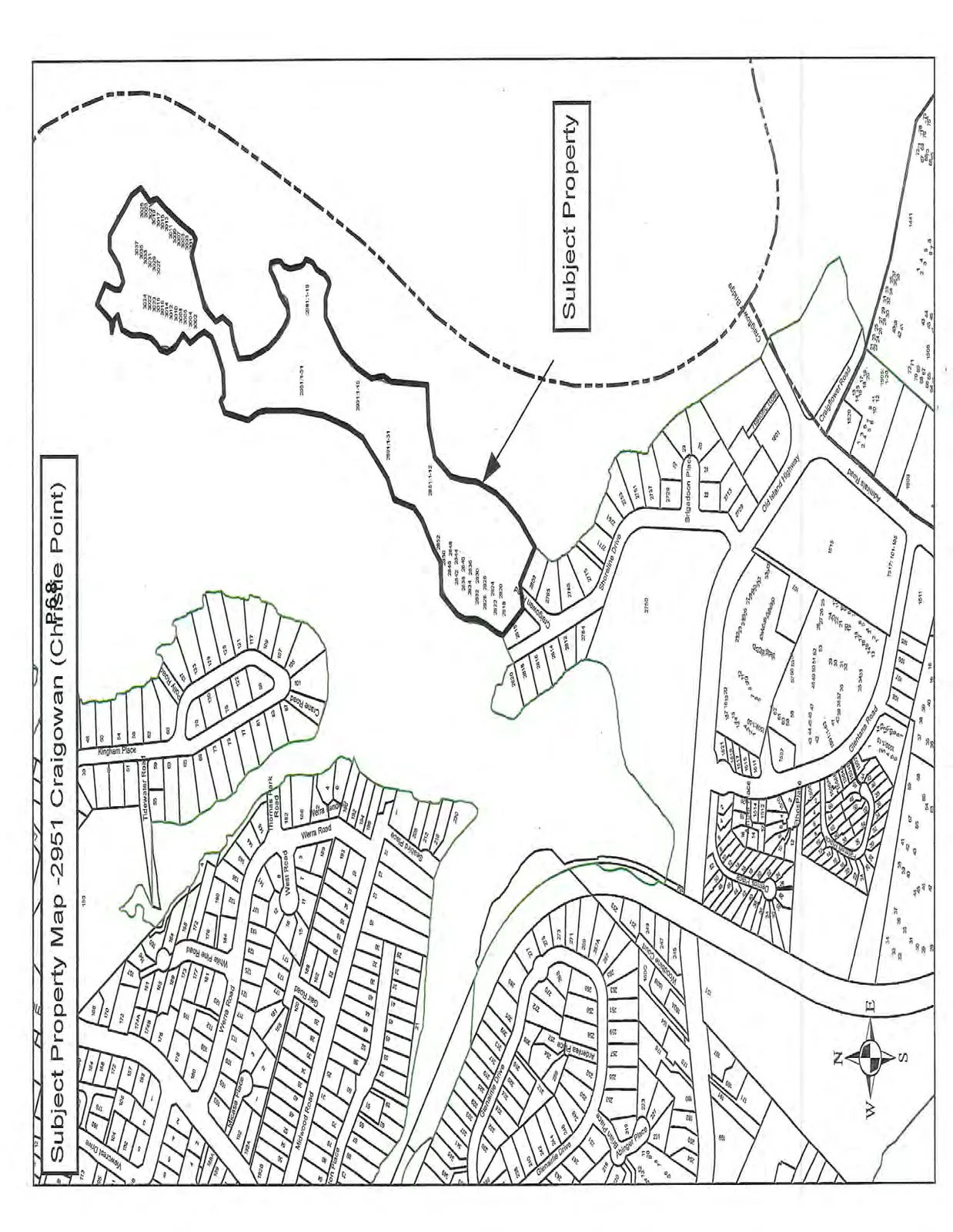 Subject property map showing Christie Point at 2951 Craigowan, highlighting the peninsula and surrounding residential lots and streets.