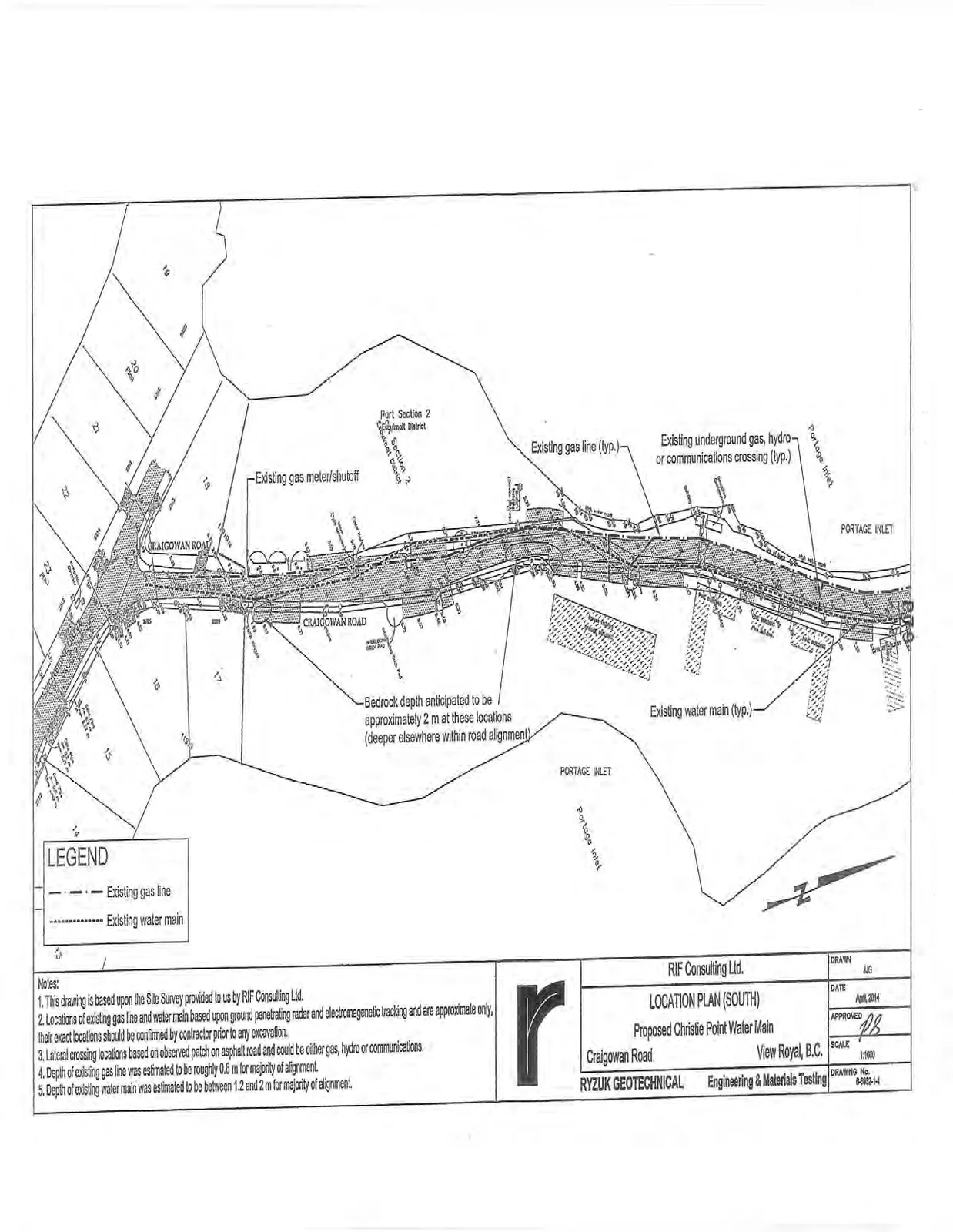 Location plan (south) of Craigowan Road showing existing utility lines and Portage Inlet