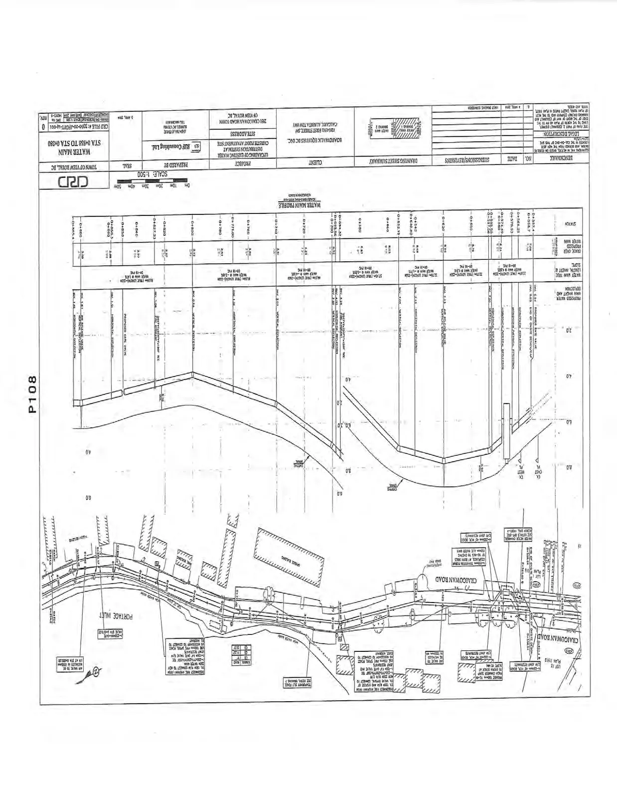 Plan and profile drawing for Water Main STA 0+550 to STA 0+980, showing proposed water main alignment along Craigowan Road and Portage Inlet.