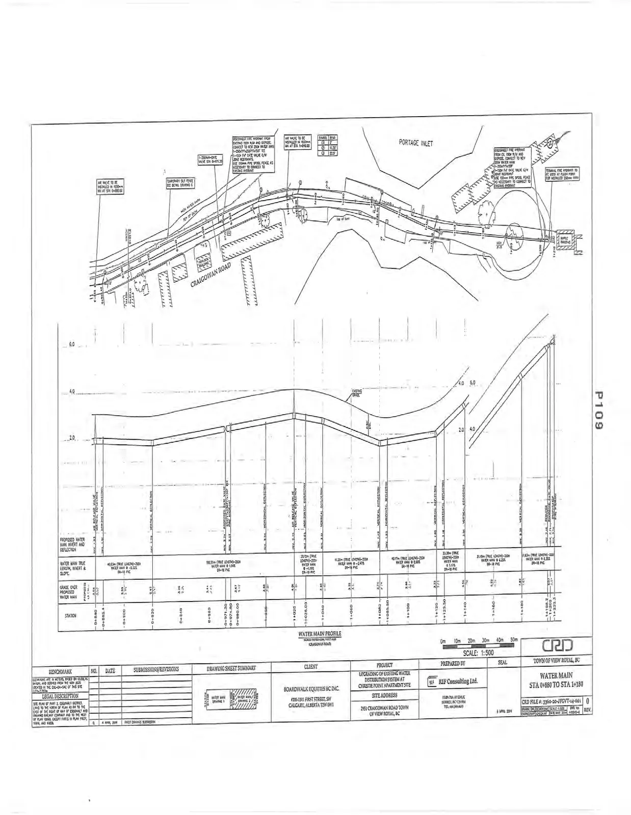 Plan and profile drawing for Water Main STA 0+980 to STA 1+180, showing the continuation of the proposed water main alignment along Craigowan Road and connection to the existing system.
