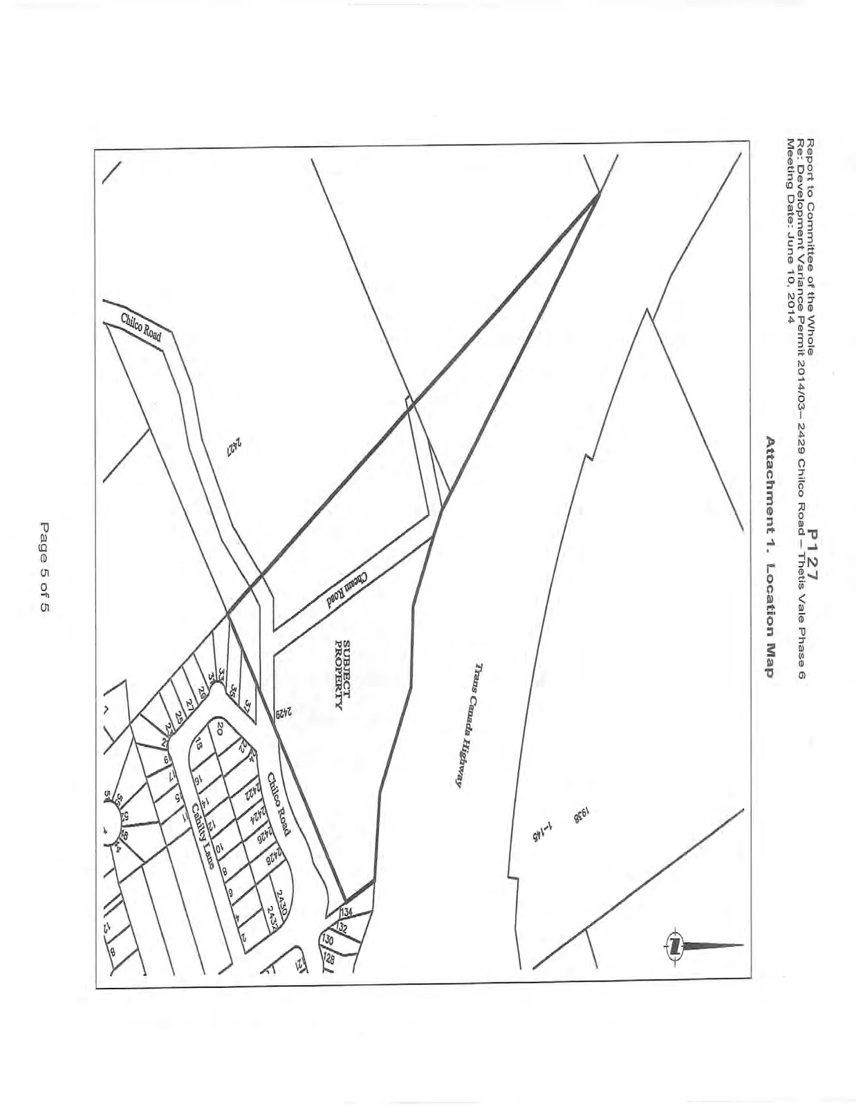 Location map showing the "Subject Property" at 2429 Chilco Road, bordered by the Trans Canada Highway to the north, Cheam Road to the west, and Chilco Road to the south. The map also displays surrounding residential lot numbers and Cahilty Lane.
