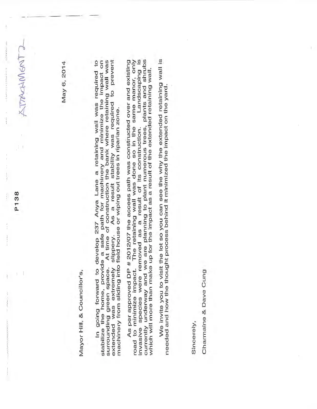 Letter from Charmaine & Dave Cung regarding the development of 237 Anya Lane