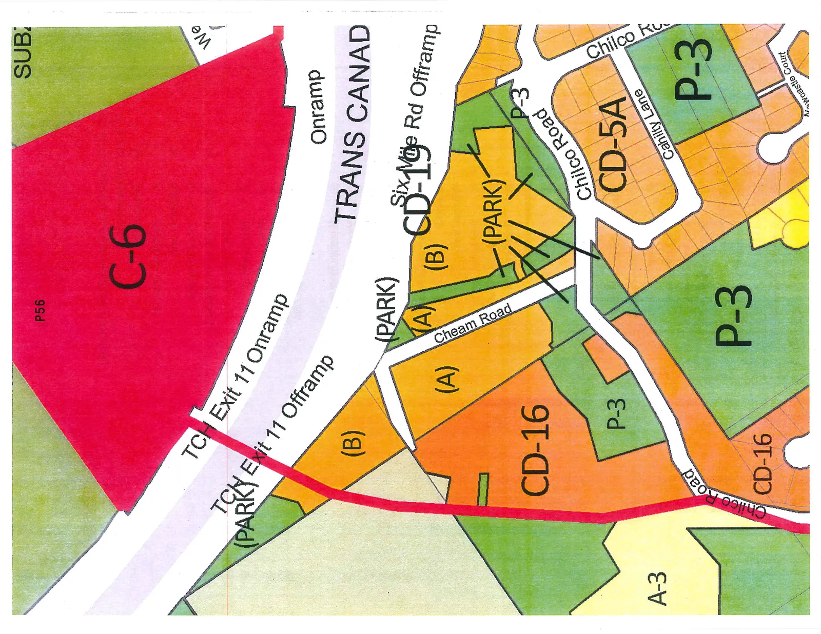 A land use and zoning map highlighting various designations near the Trans Canada Highway. The map features a large red area labeled C-6 (P56) north of the highway. South of the highway, designations include CD-19 (with sub-areas A and B along Cheam Road), CD-16 (orange areas), CD-5A (orange area along Cahilty Lane), P-3 (green areas, several labeled as PARK), and A-3 (pale yellow area). Roadways shown include the Trans Canada Highway, TCH Exit 11 Onramp and Offramp, Six Mile Rd Offramp, Cheam Road, Chilco Road, Cahilty Lane, and Newcastle Court.