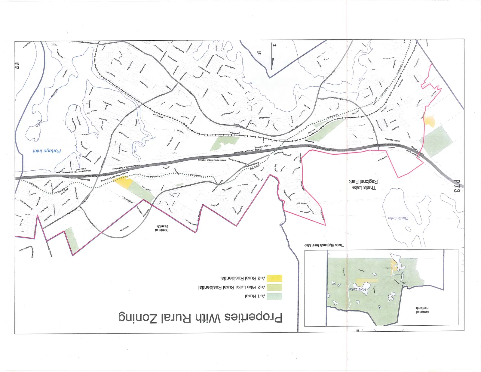 Map showing Properties With Rural Zoning, featuring Thetis Lake Regional Park, Portage Inlet, and an inset map of Thetis Highlands.