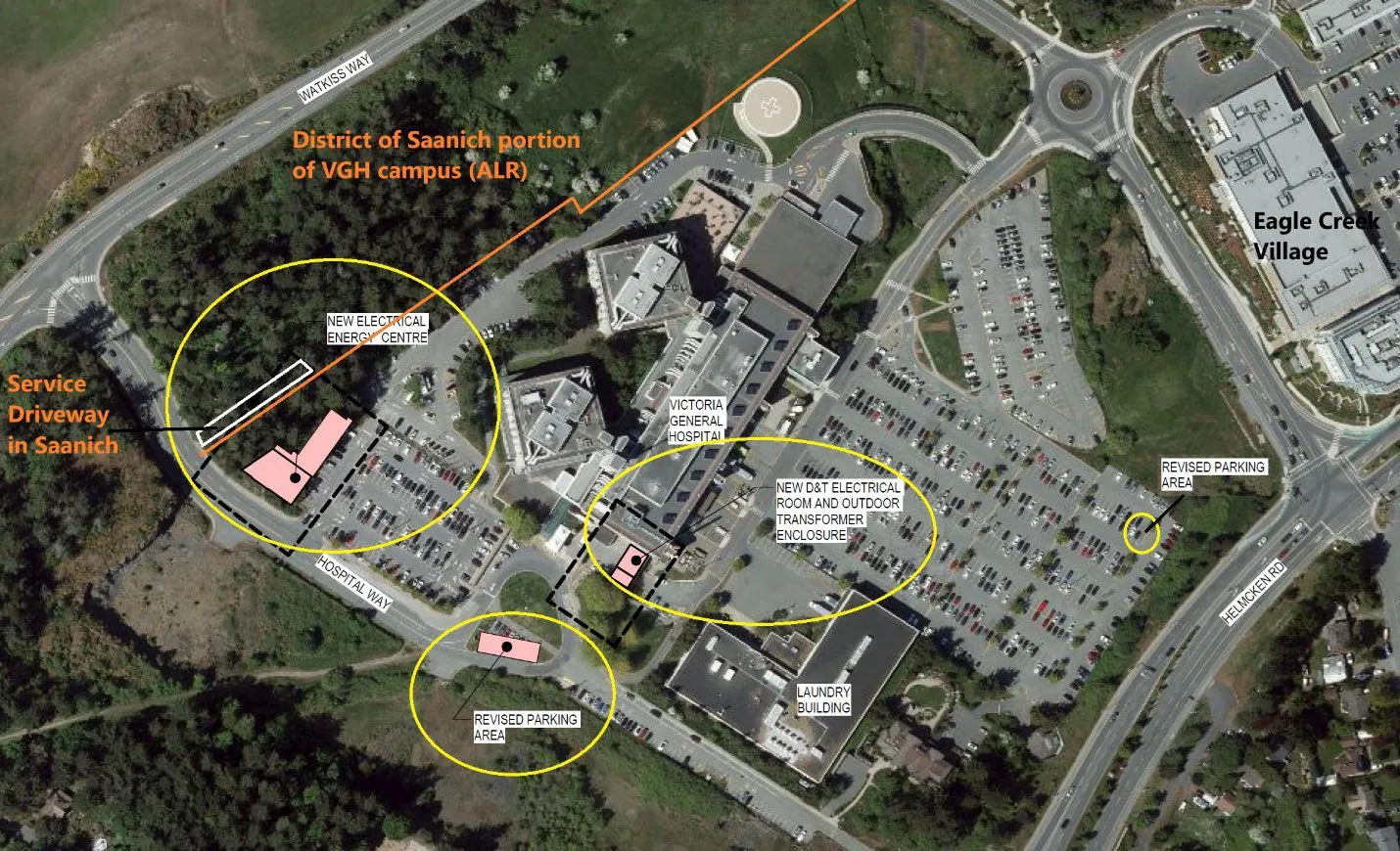 Aerial map of Victoria General Hospital campus showing proposed locations for the new electrical energy centre, revised parking areas, and other facilities.