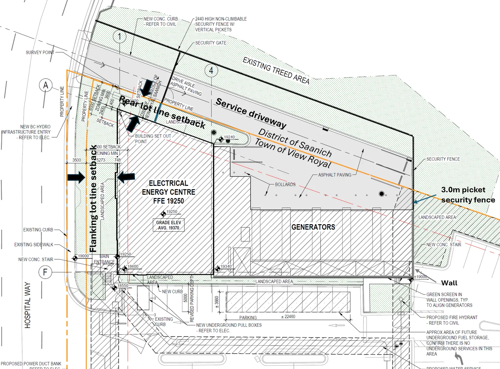 Aerial map of Victoria General Hospital campus showing proposed locations for the new electrical energy centre, revised parking areas, and other facilities.