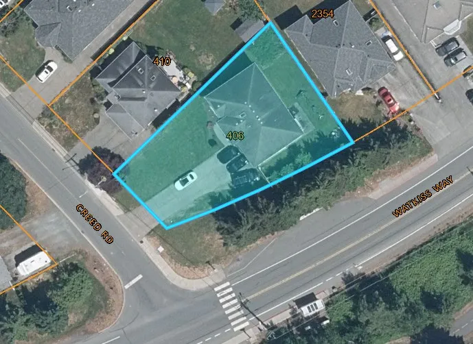 Aerial map showing the property at 406 Creed Rd highlighted in blue