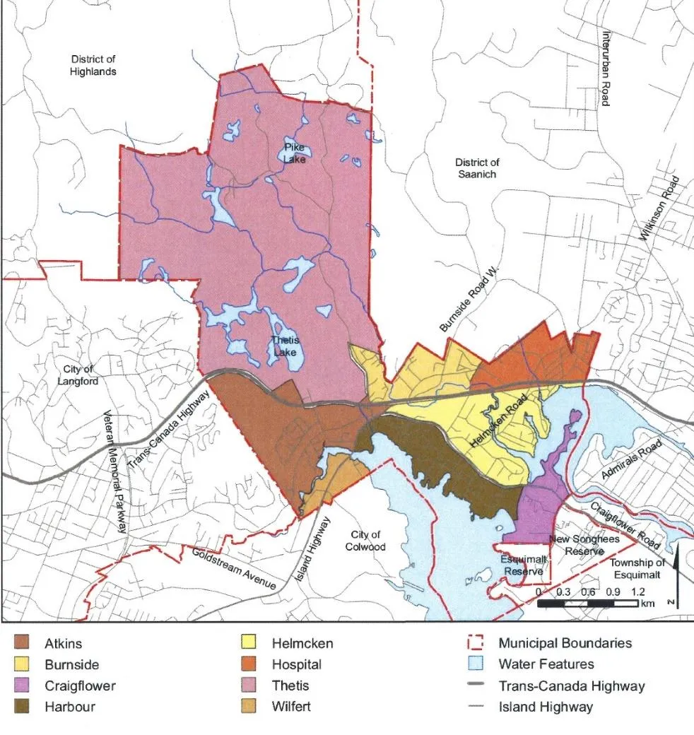 Map of View Royal Neighbourhoods showing Atkins, Burnside, Craigflower, Harbour, Helmcken, Hospital, Thetis, and Wilfert areas