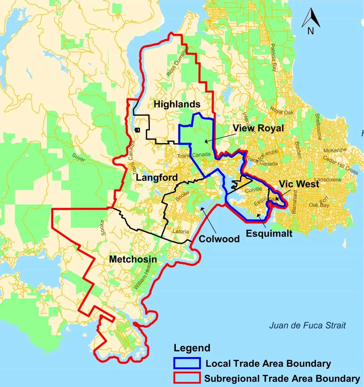 Map showing the Local Trade Area Boundary (encompassing View Royal, Esquimalt, and Vic West) and the Subregional Trade Area Boundary (encompassing View Royal, Esquimalt, Vic West, Colwood, Langford, Metchosin, and Highlands)