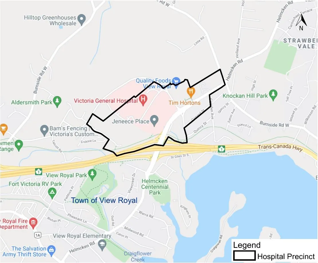 Map of Hospital Precinct surrounding Victoria General Hospital, bounded by Burnside Rd W, Helmcken Rd, and the Trans-Canada Hwy