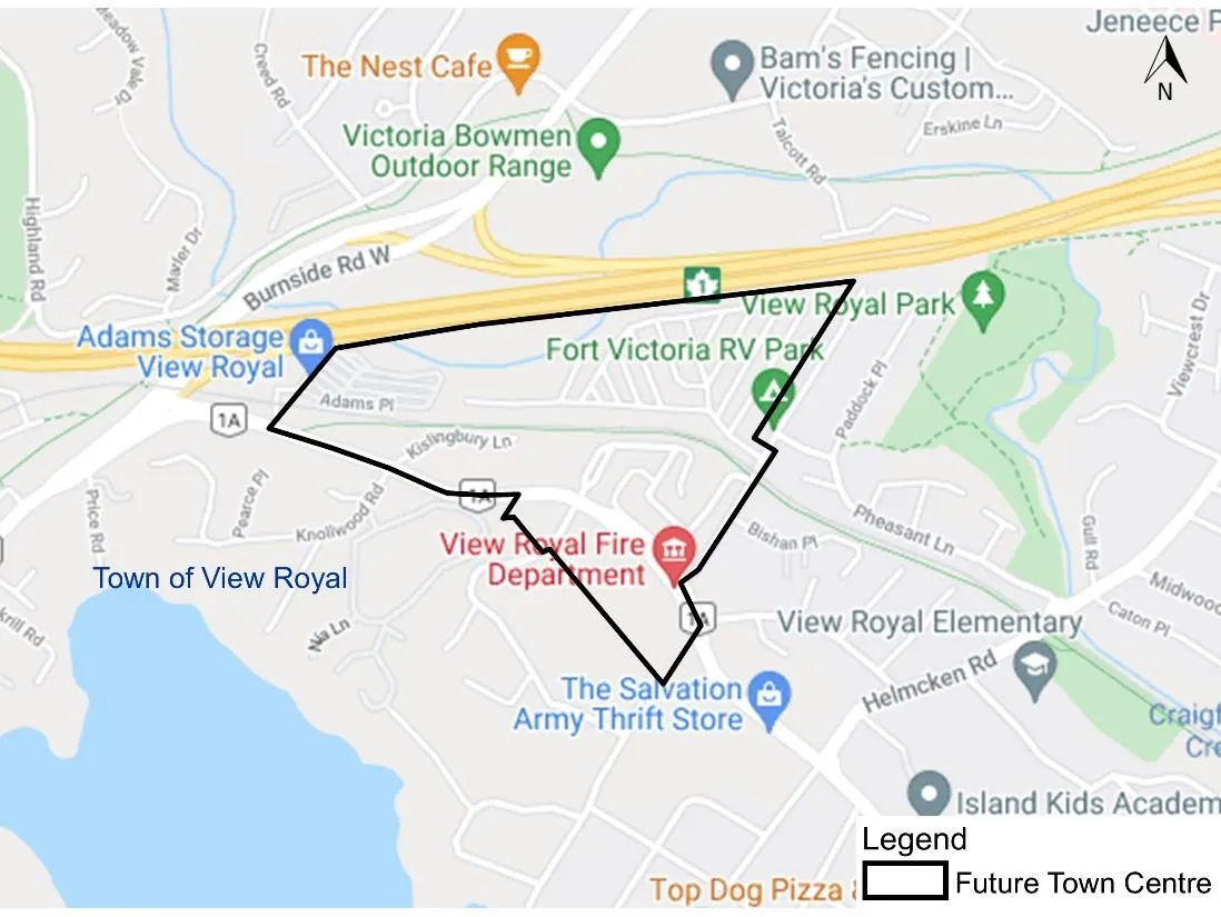 Map of the Future Town Centre area, located south of the Trans-Canada Hwy, including the Fort Victoria RV Park and the area surrounding View Royal Elementary School