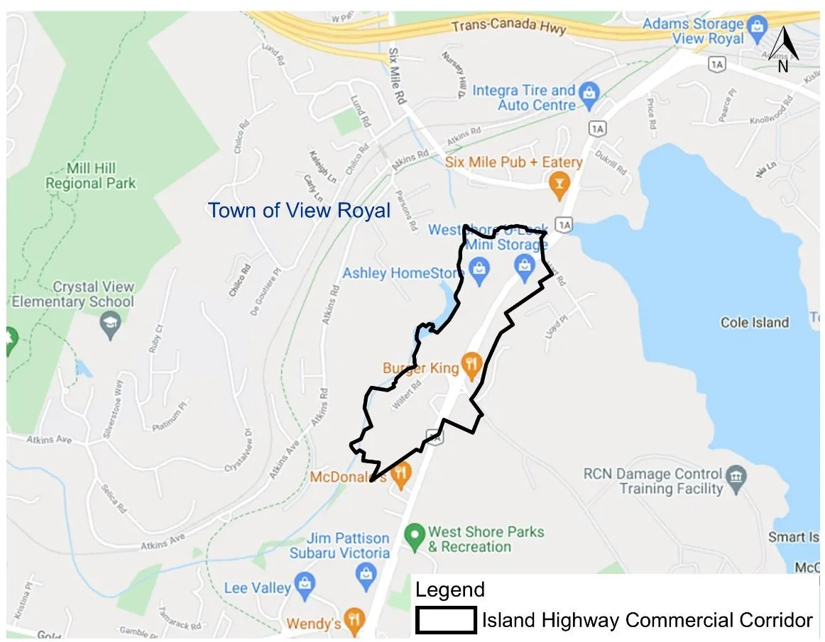 Map of Island Highway Commercial Corridor showing the area from Six Mile Rd south past McDonalds and Jim Pattison Subaru Victoria