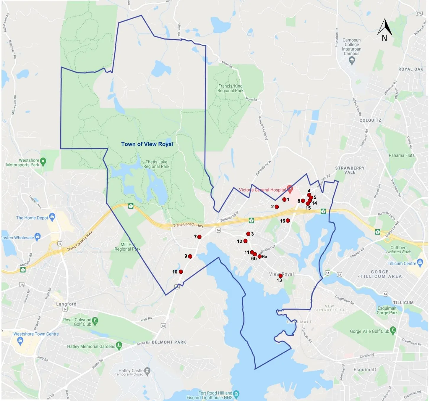Map showing the location of 17 case study sites within View Royal, identified by red dots and corresponding numbers 1 through 16