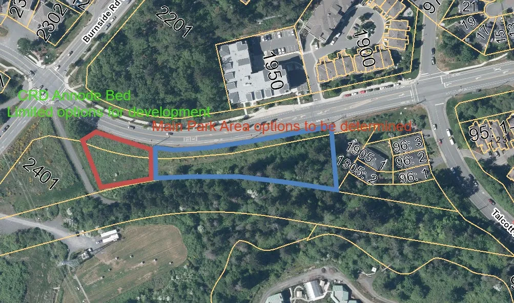 Aerial map showing the proposed Watkiss Way Community Park development site with color-coded areas for "CRD Annode Bed Limited options for development" and "Main Park Area options to be determined"