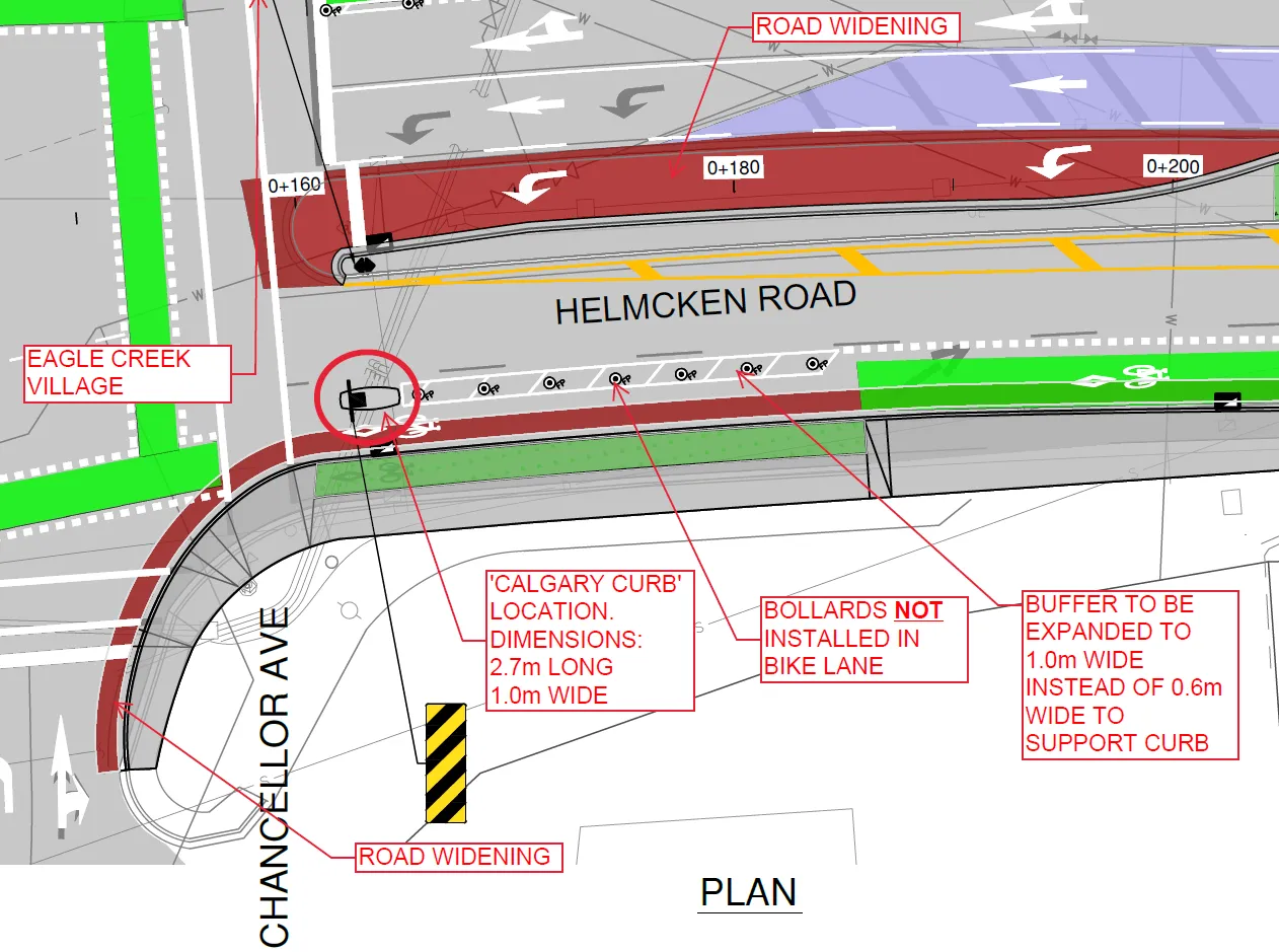 Engineering plan view of Helmcken Road showing the location of the proposed Calgary Curb and widened bike lane buffer