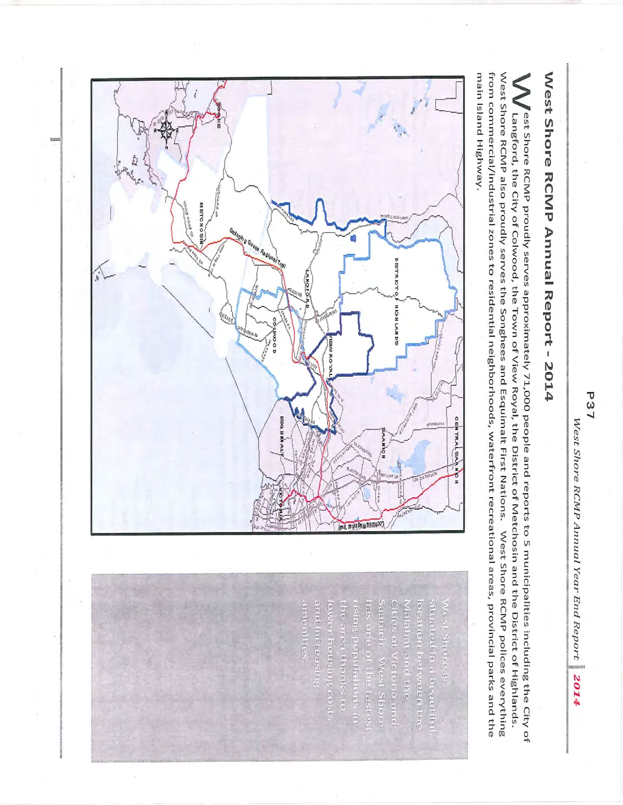 Map of the West Shore RCMP jurisdiction covering Langford, Colwood, View Royal, Metchosin, and Highlands