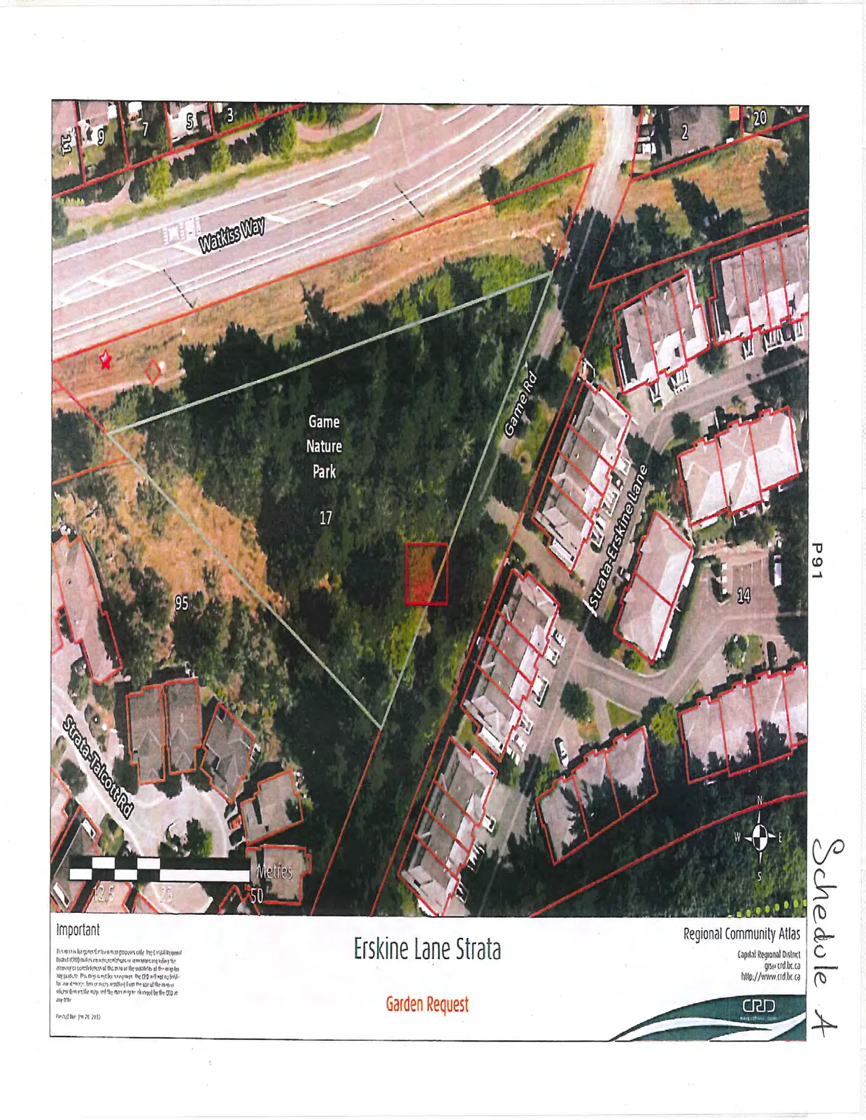 Regional Community Atlas map showing Game Nature Park and the surrounding Erskine Lane Strata residential area, with a red square indicating the garden request location.