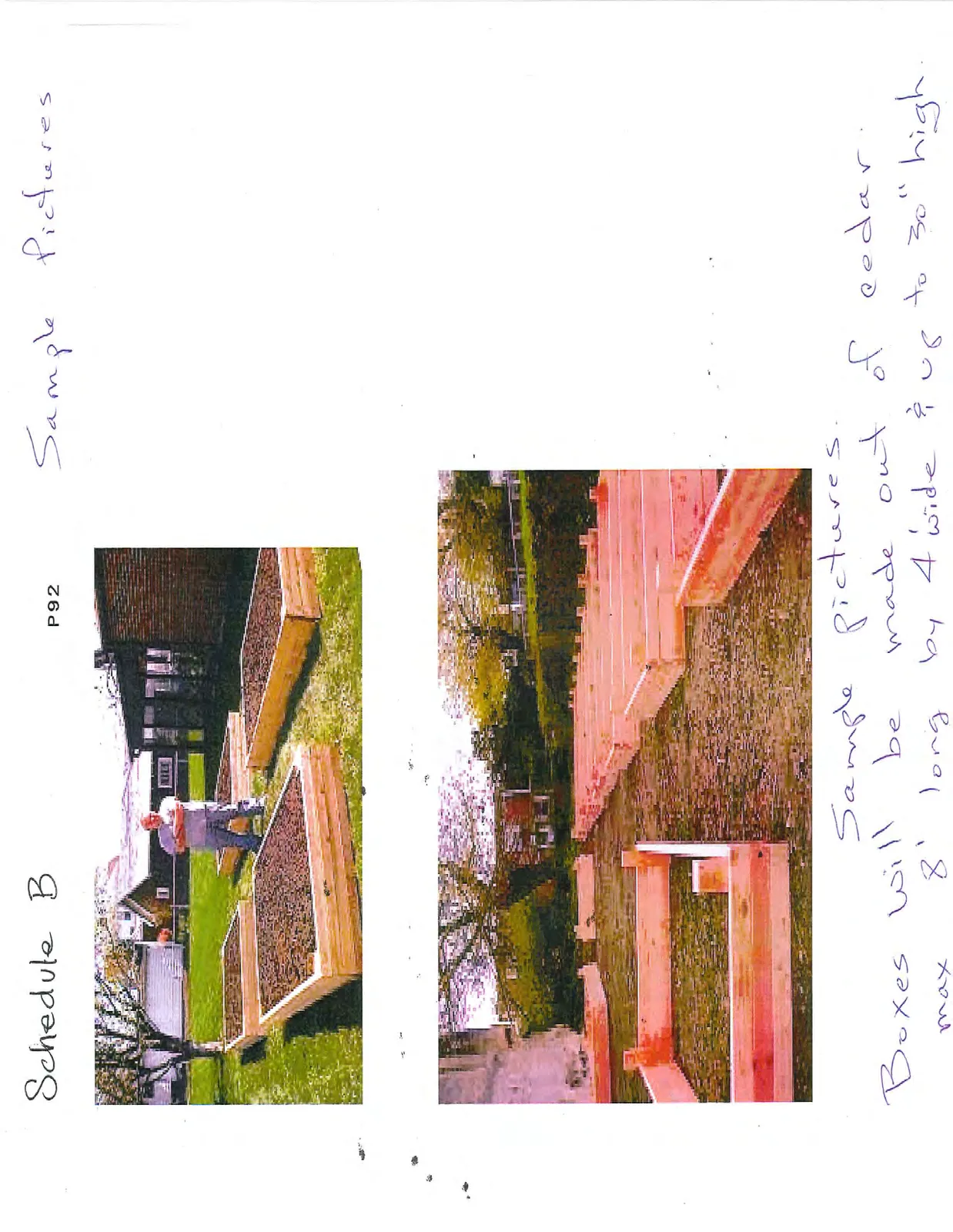 Photograph showing four raised cedar garden beds filled with soil, with a person standing in the background.