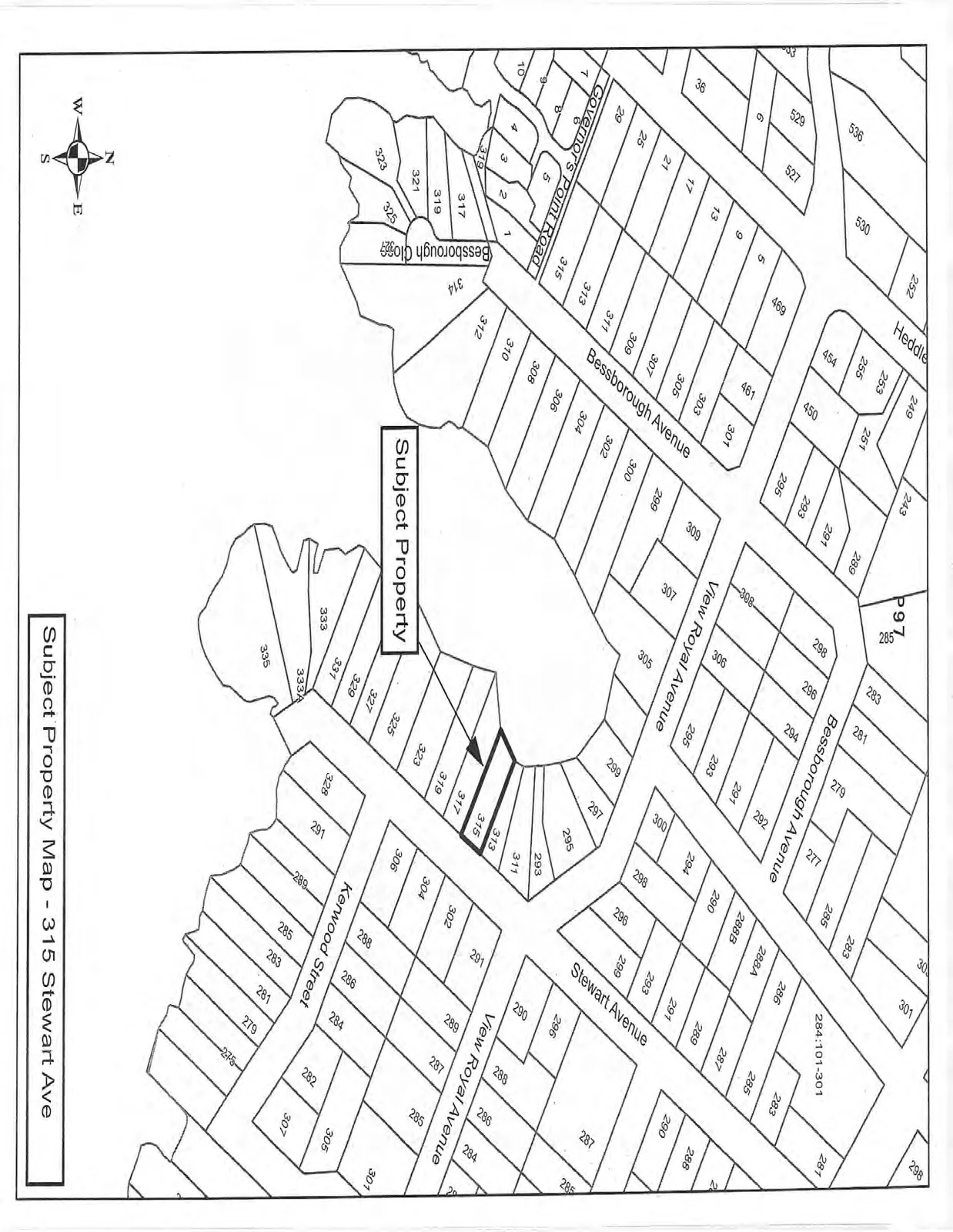 Cadastral map showing property boundaries, lot numbers, and street names including Bessborough Avenue, View Royal Avenue, Stewart Avenue, Governor's Point Road, Bessborough Close, and Kerwood Street. An arrow points to lot 315 on Stewart Ave as the Subject Property.