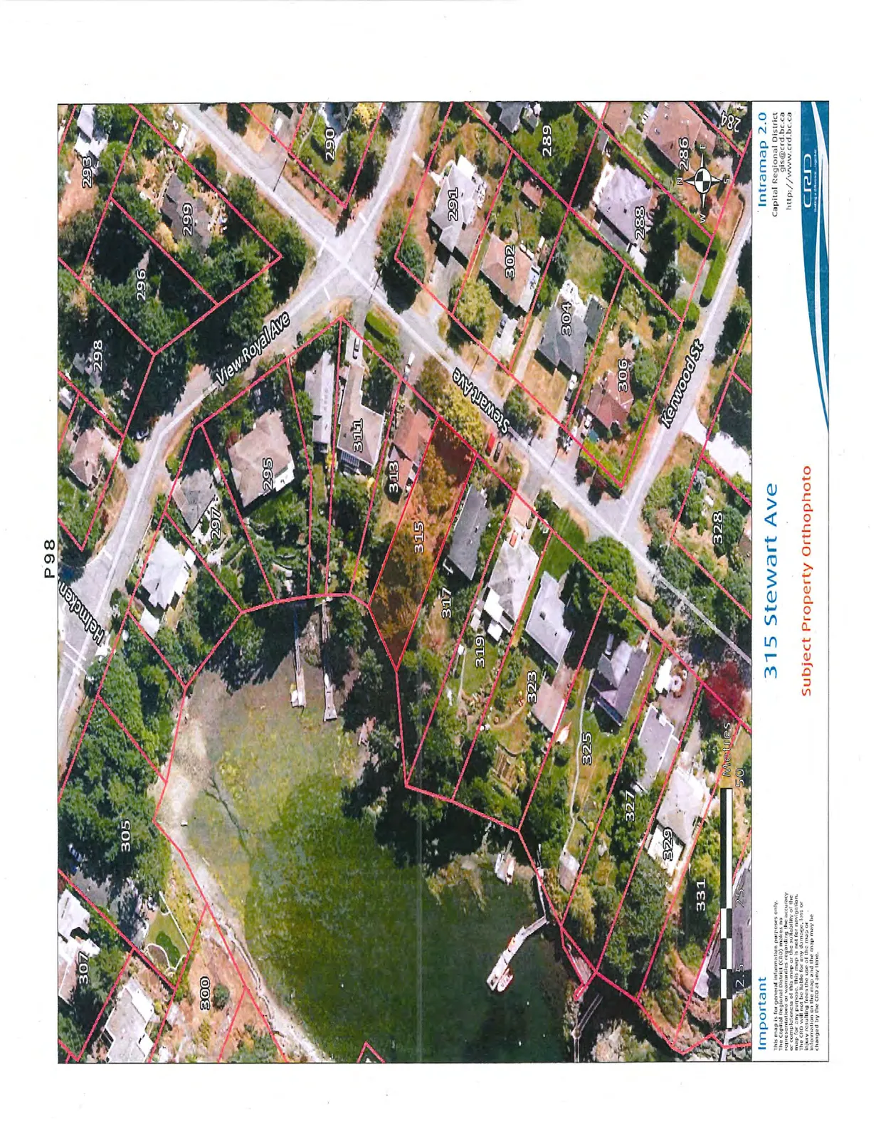 Aerial orthophoto showing the subject property at 315 Stewart Ave with overlaid property boundaries, buildings, and surrounding streets including View Royal Ave, Stewart Ave, Kenwood St, and Helmcken.