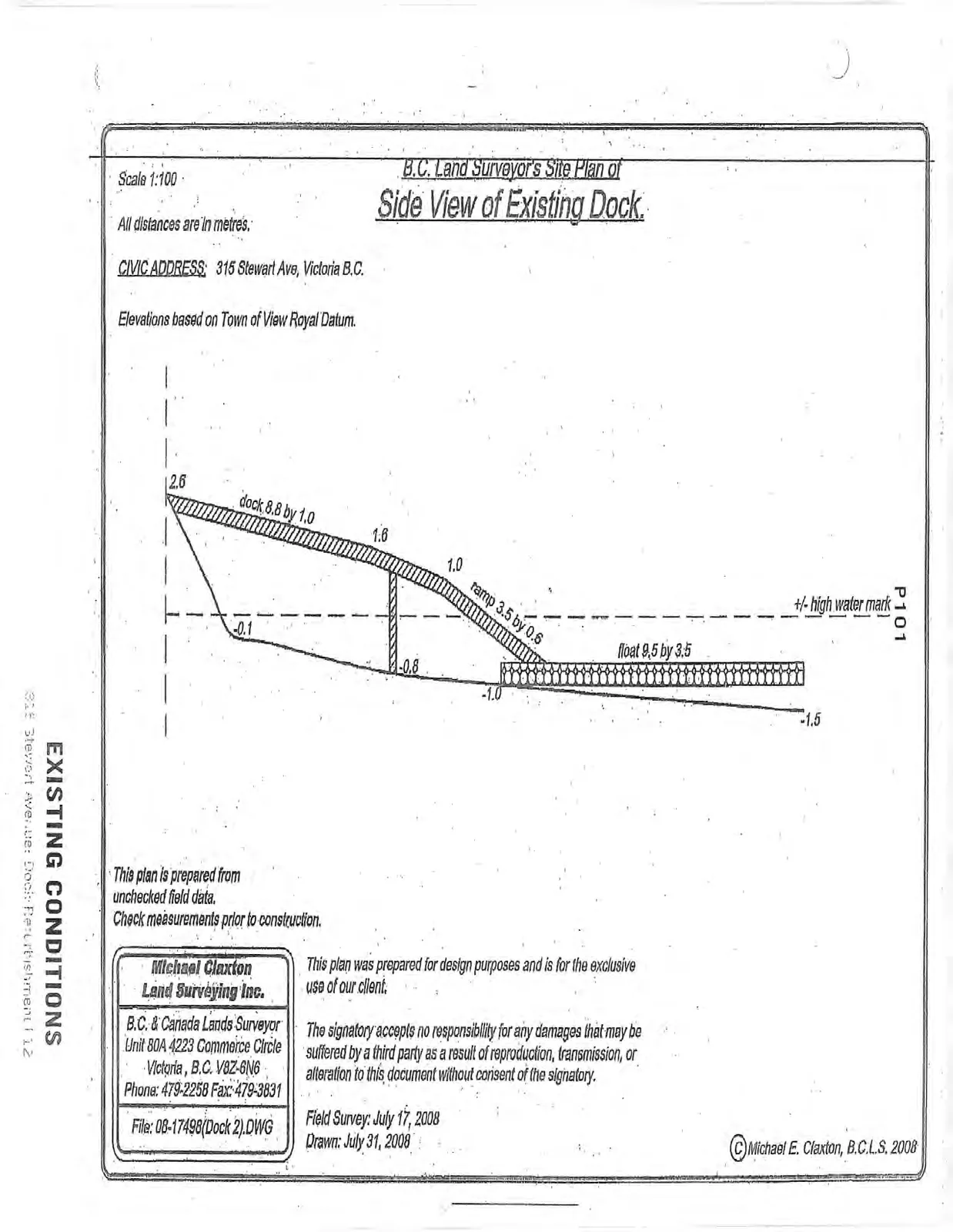 Side view diagram of the existing dock, ramp, and float showing elevations relative to the high water mark and ground level.