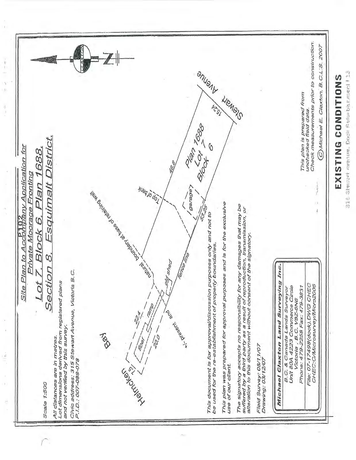 Site plan showing Lot 7, Block 6, Plan 1688 with locations of the dock, ramp, float, old shed, garage, and property boundaries relative to Stewart Avenue and Helmcken Bay.