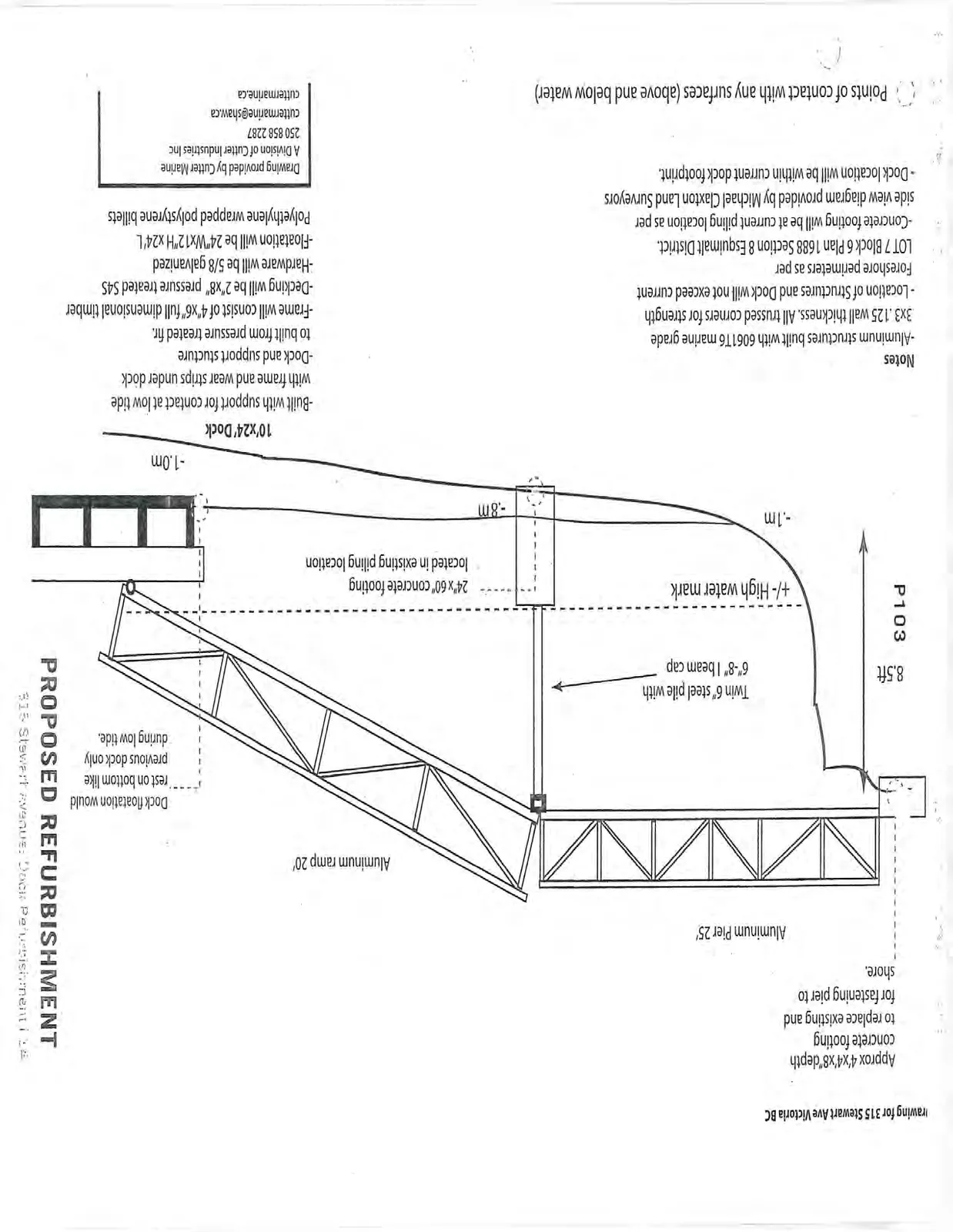 Side view cross-section diagram showing the proposed dock refurbishment including pier, ramp, and dock structures relative to the water level and seabed.