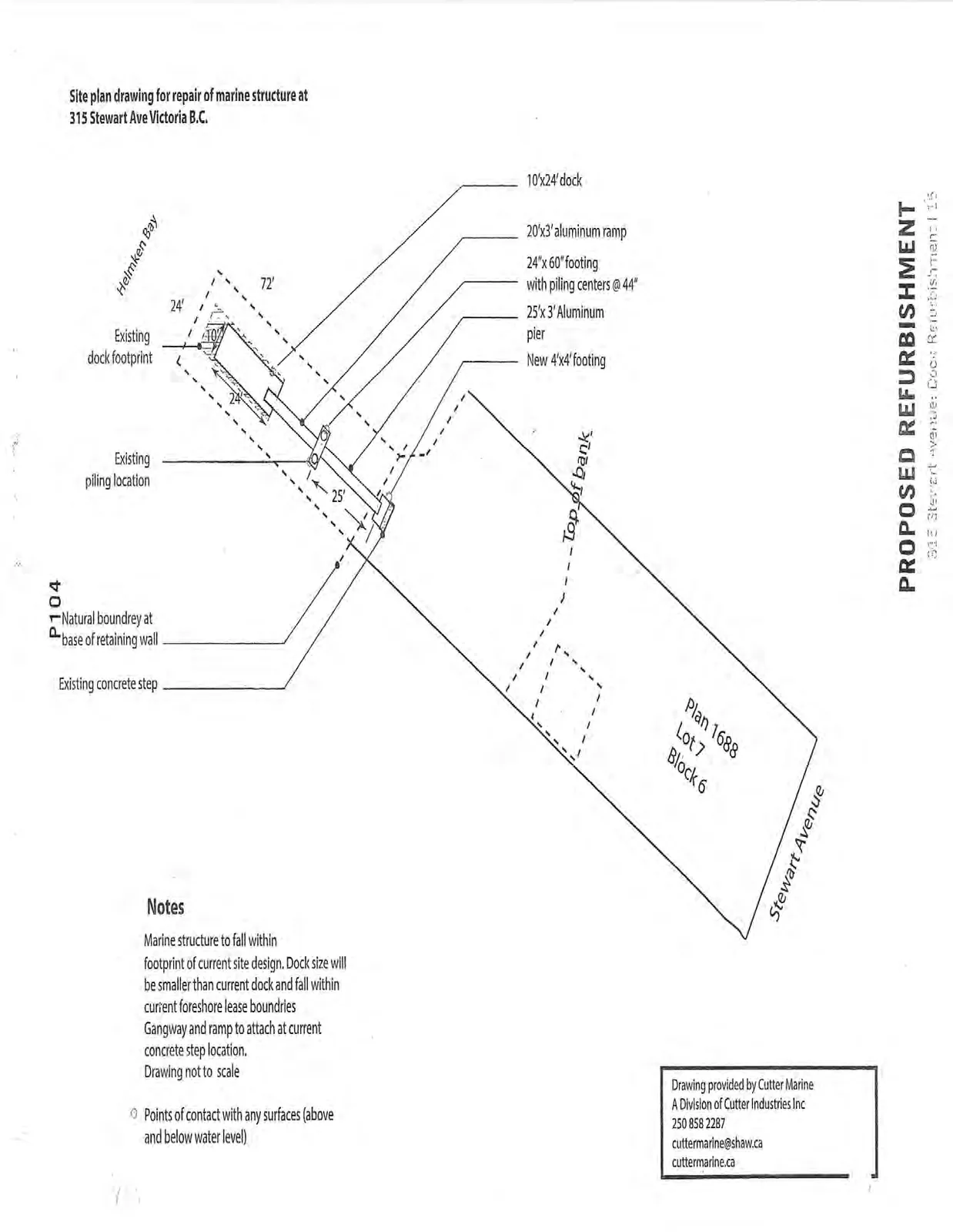 Top-down site plan showing the layout of the proposed dock, ramp, and pier relative to the shoreline, existing structures, and property lines.