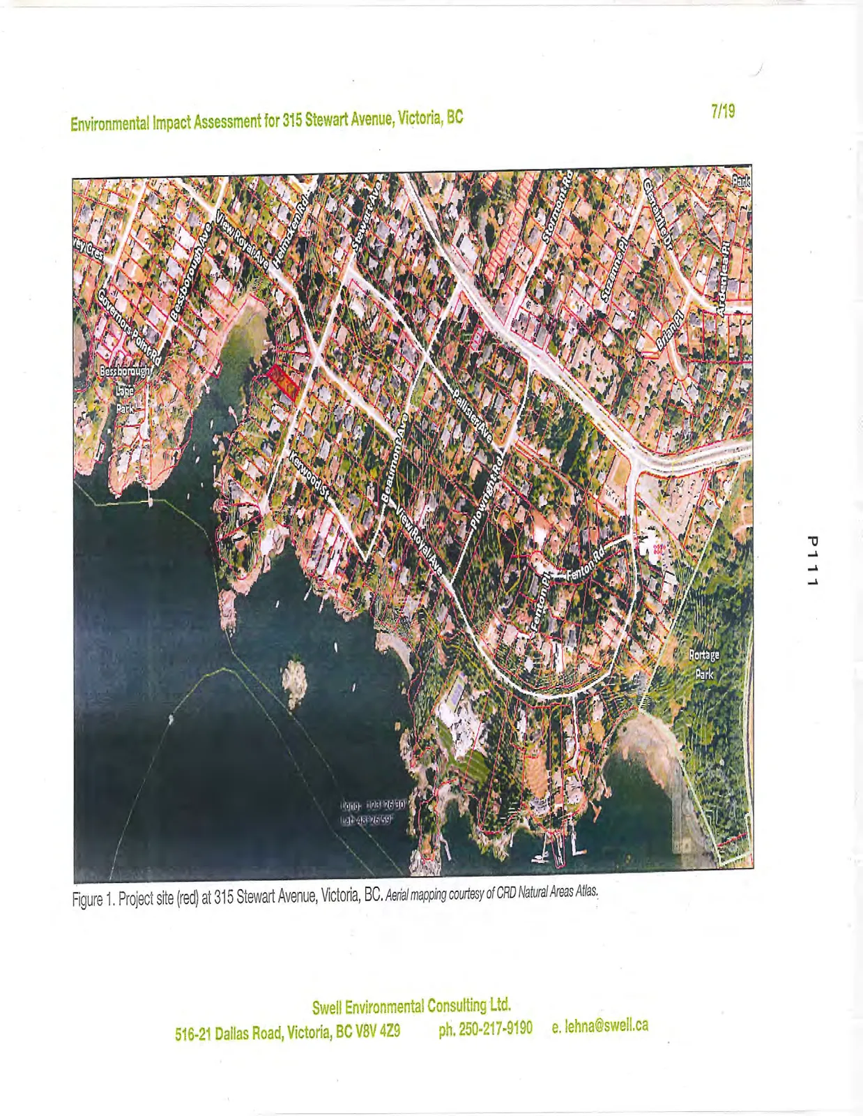 Figure 1. Project site (red) at 315 Stewart Avenue, Victoria, BC. Aerial mapping courtesy of CRD Natural Areas Atlas.