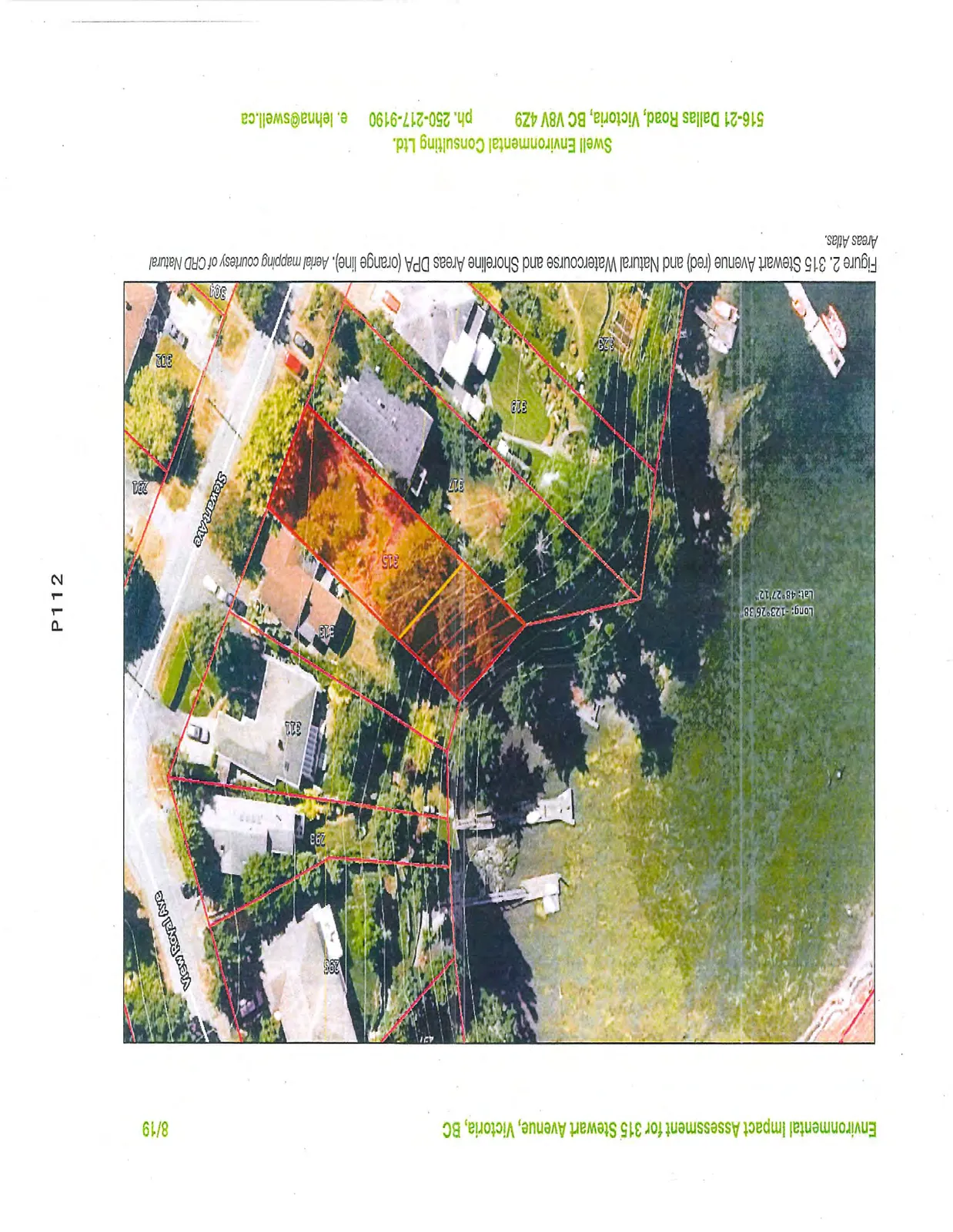 Figure 2. 315 Stewart Avenue (red) and Natural Watercourse and Shoreline Areas DPA (orange line). Aerial mapping courtesy of CRD Natural Areas Atlas.