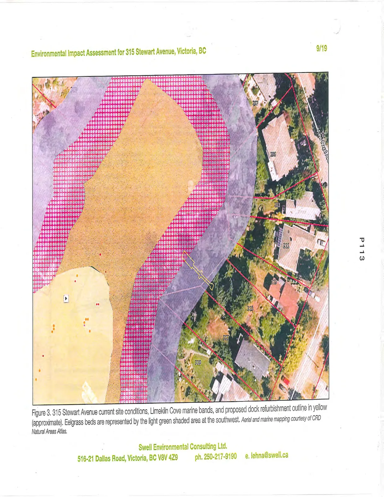 Figure 3. 315 Stewart Avenue current site conditions, Limekiln Cove marine bands, and proposed dock refurbishment outline in yellow (approximate). Eelgrass beds are represented by the light green shaded area at the southwest. Aerial and marine mapping courtesy of CRD Natural Areas Atlas.