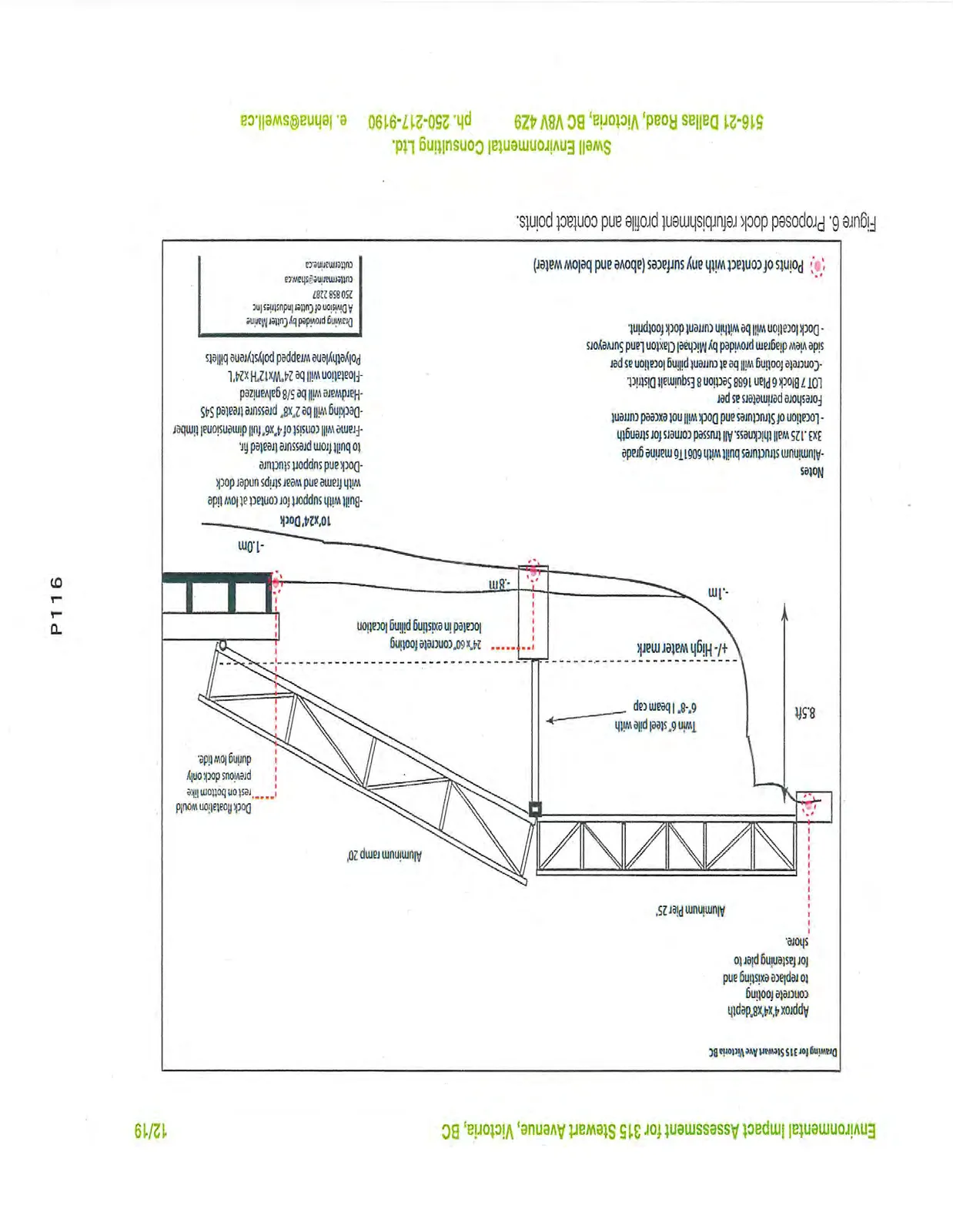 Figure 6. Proposed dock refurbishment profile and contact points. Includes technical specifications for the aluminum pier, aluminum ramp, and 10'x24' dock.