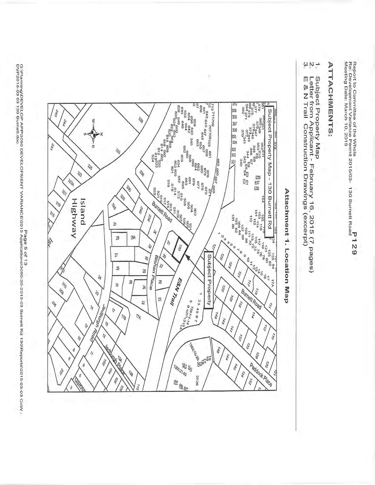 Location map showing the Subject Property at 130 Burnett Road, adjacent to the E&N Trail and surrounded by Burnett Road, Bishan Place, Jedburgh Road, and the Island Highway.