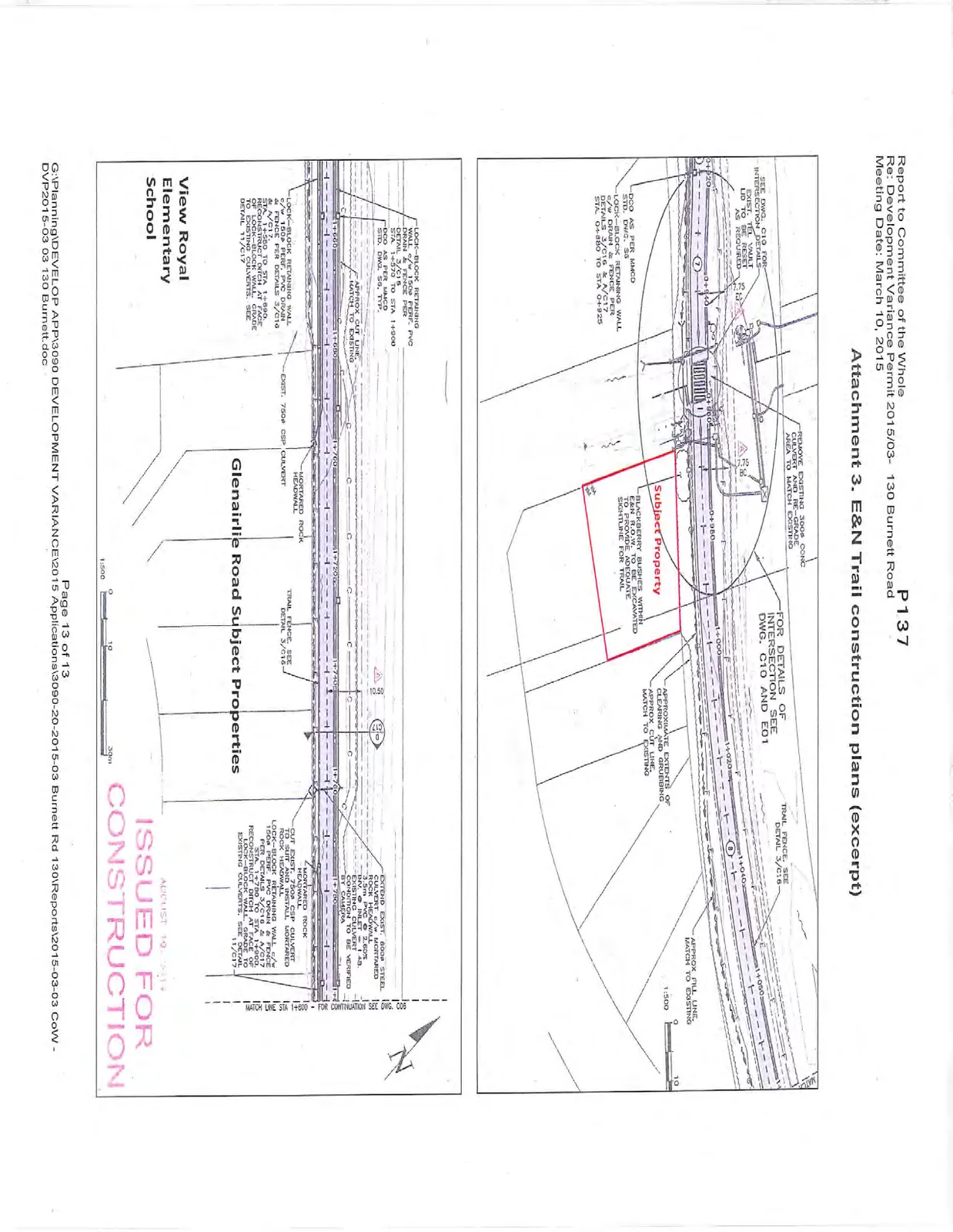 Engineering drawings for E&N Trail construction plans, featuring two detailed map sections.