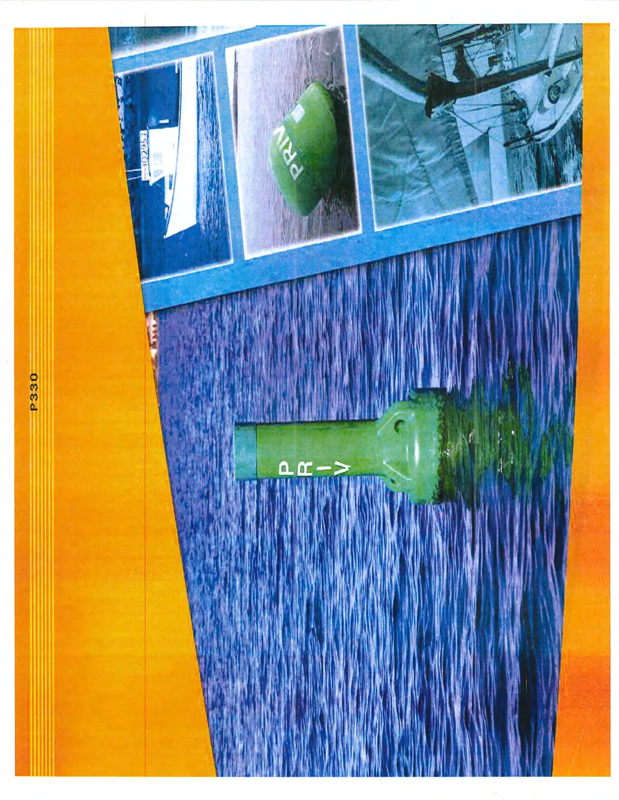 Collage including a green spar buoy, a white boat, and a green buoy with "PRIV" marking