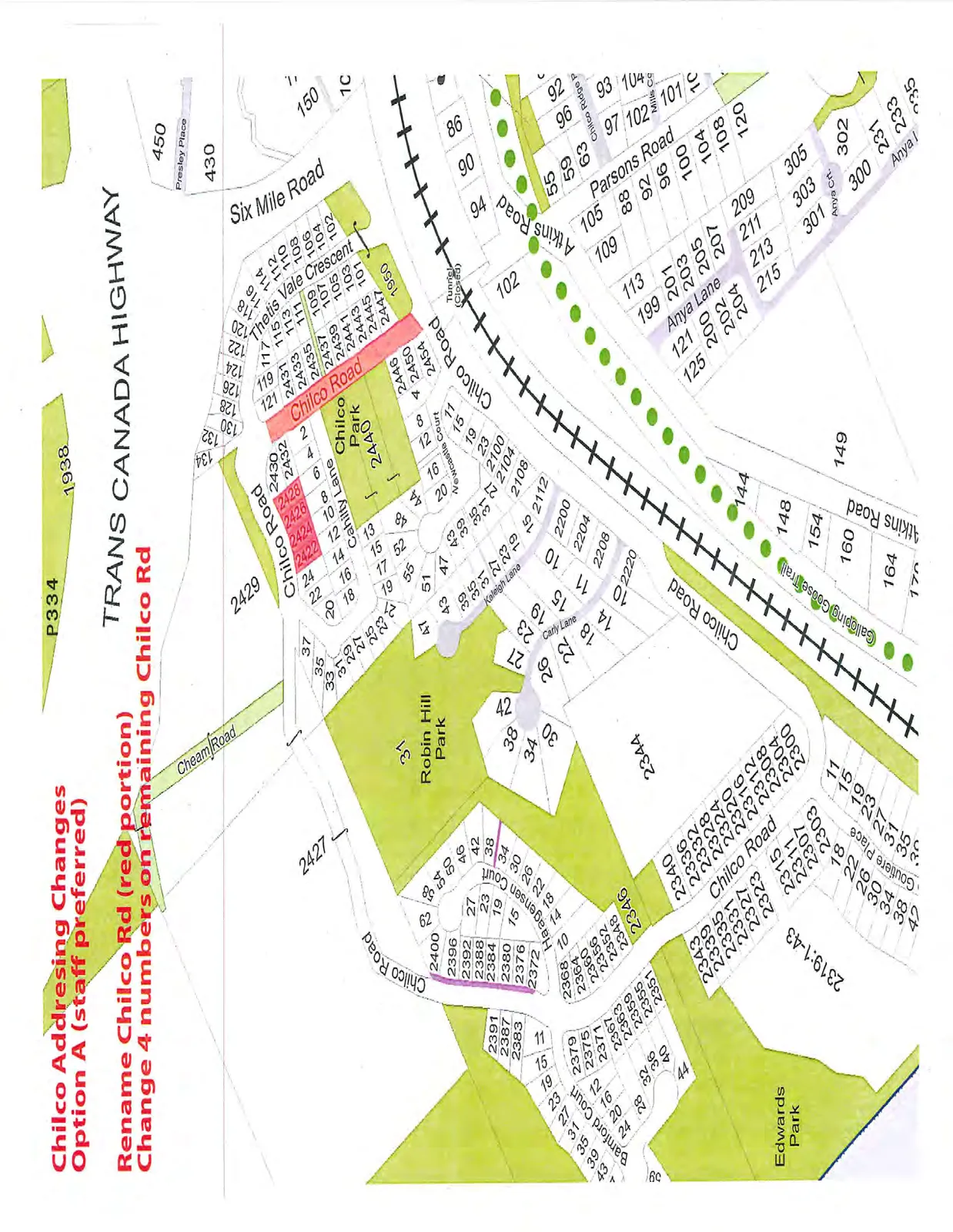 Map illustrating Option A for Chilco Road addressing changes, showing a portion of the road highlighted in red to be renamed and indicating four address number changes on the remaining section of Chilco Road.