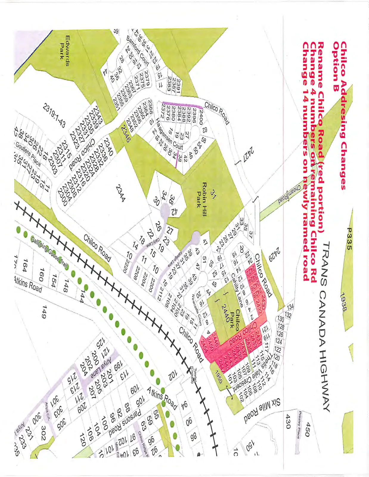Map illustrating Option B for Chilco Road addressing changes, showing a red-highlighted portion to be renamed, four address number changes on the remaining Chilco Road, and fourteen address number changes on the newly named road highlighted in pink.