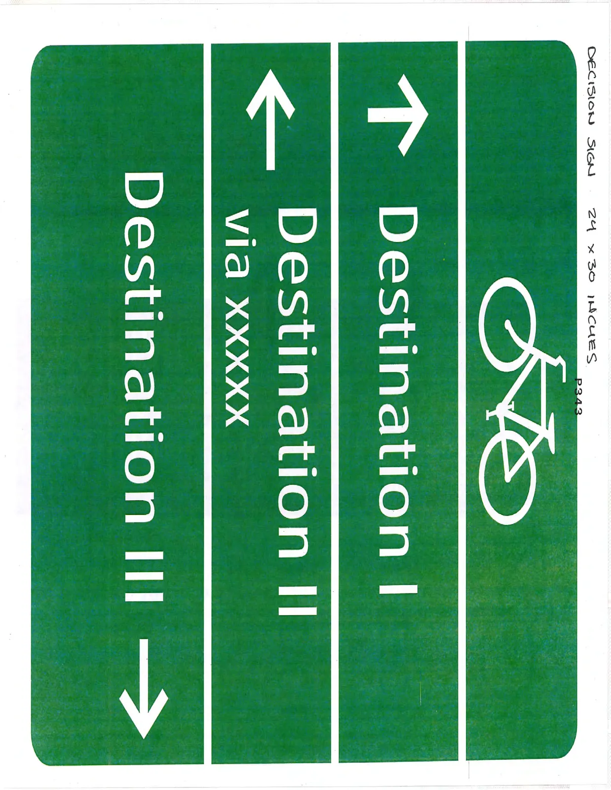 Green rectangular bicycle directional sign with three destination panels and arrows.