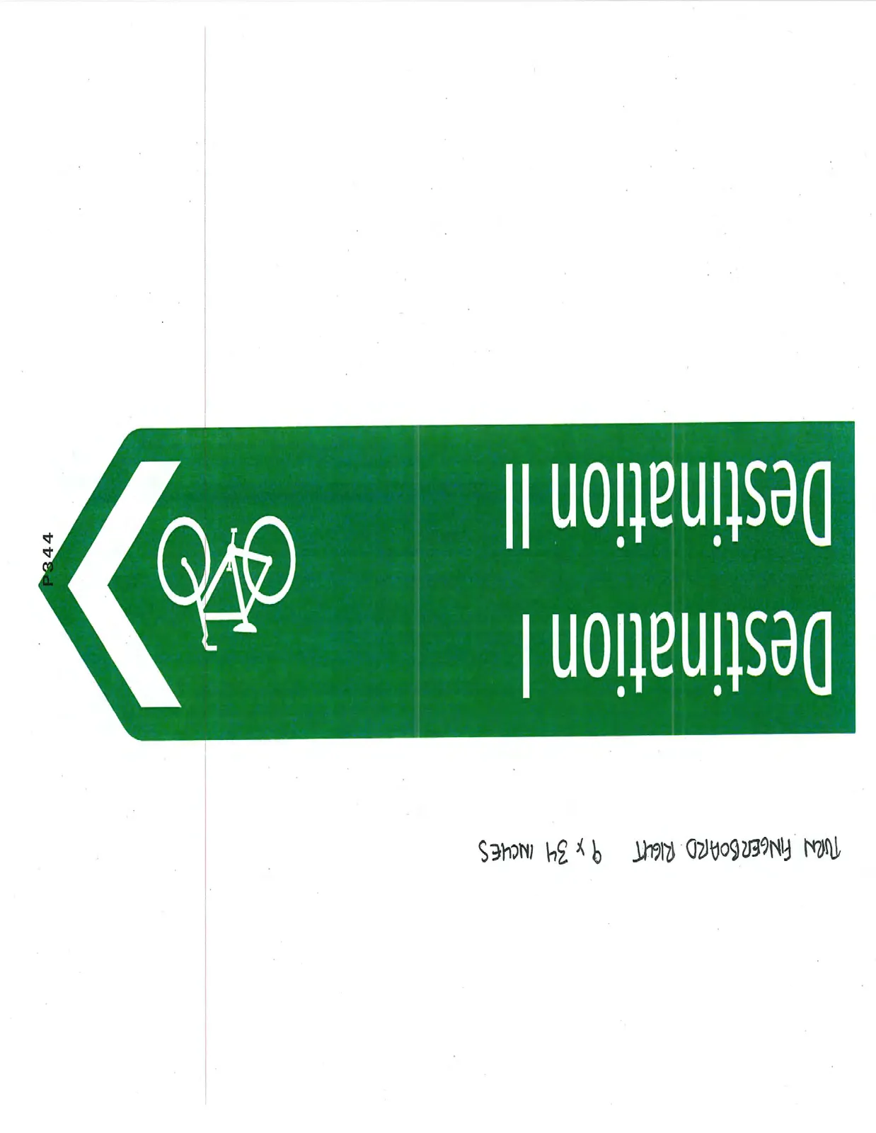Green right-pointing fingerboard sign featuring a bicycle icon and text for two destinations.