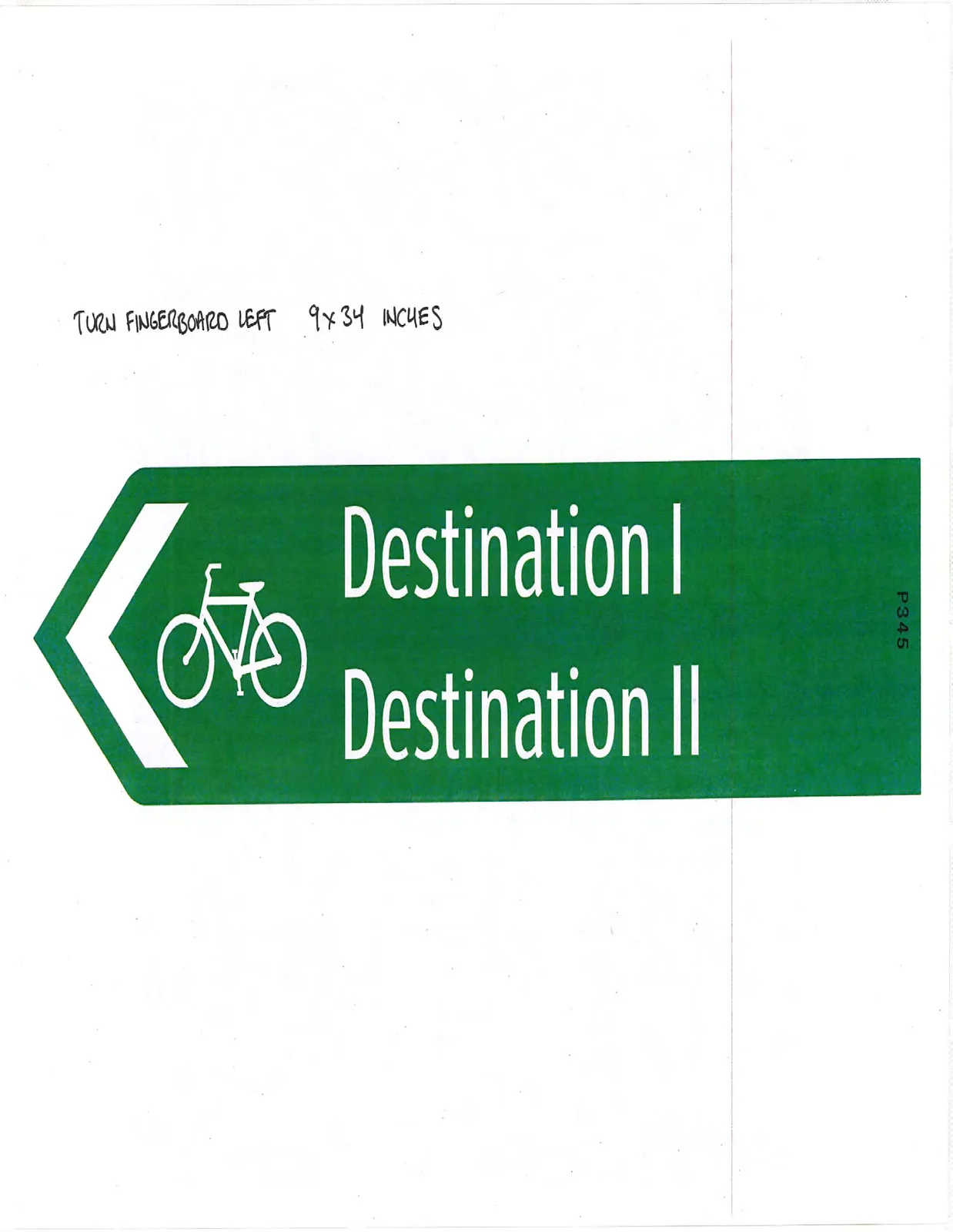 Green left-pointing fingerboard sign featuring a bicycle icon and text for two destinations.