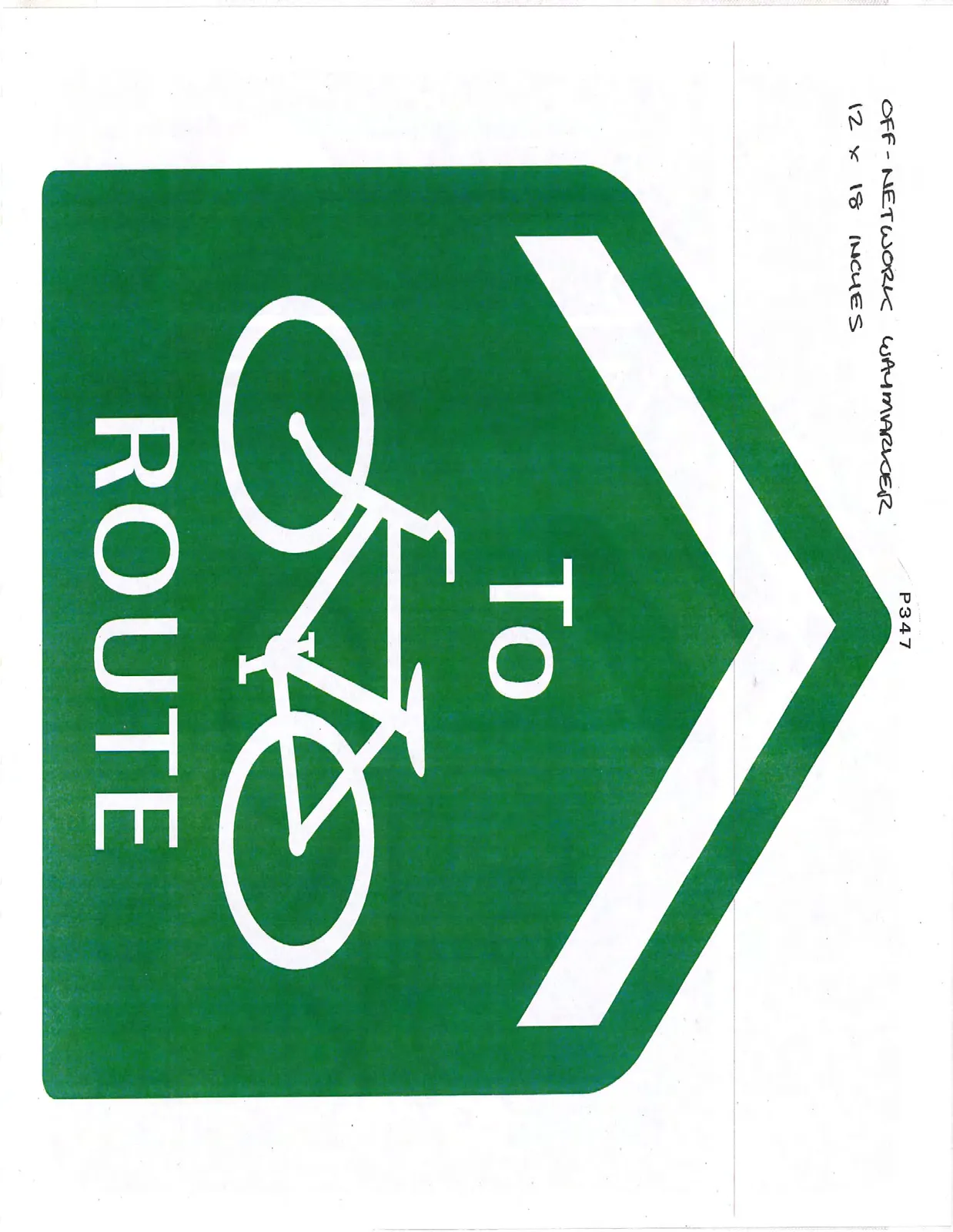 Green waymarker sign with an upward-pointing white chevron, bicycle symbol, and "To ROUTE" text.