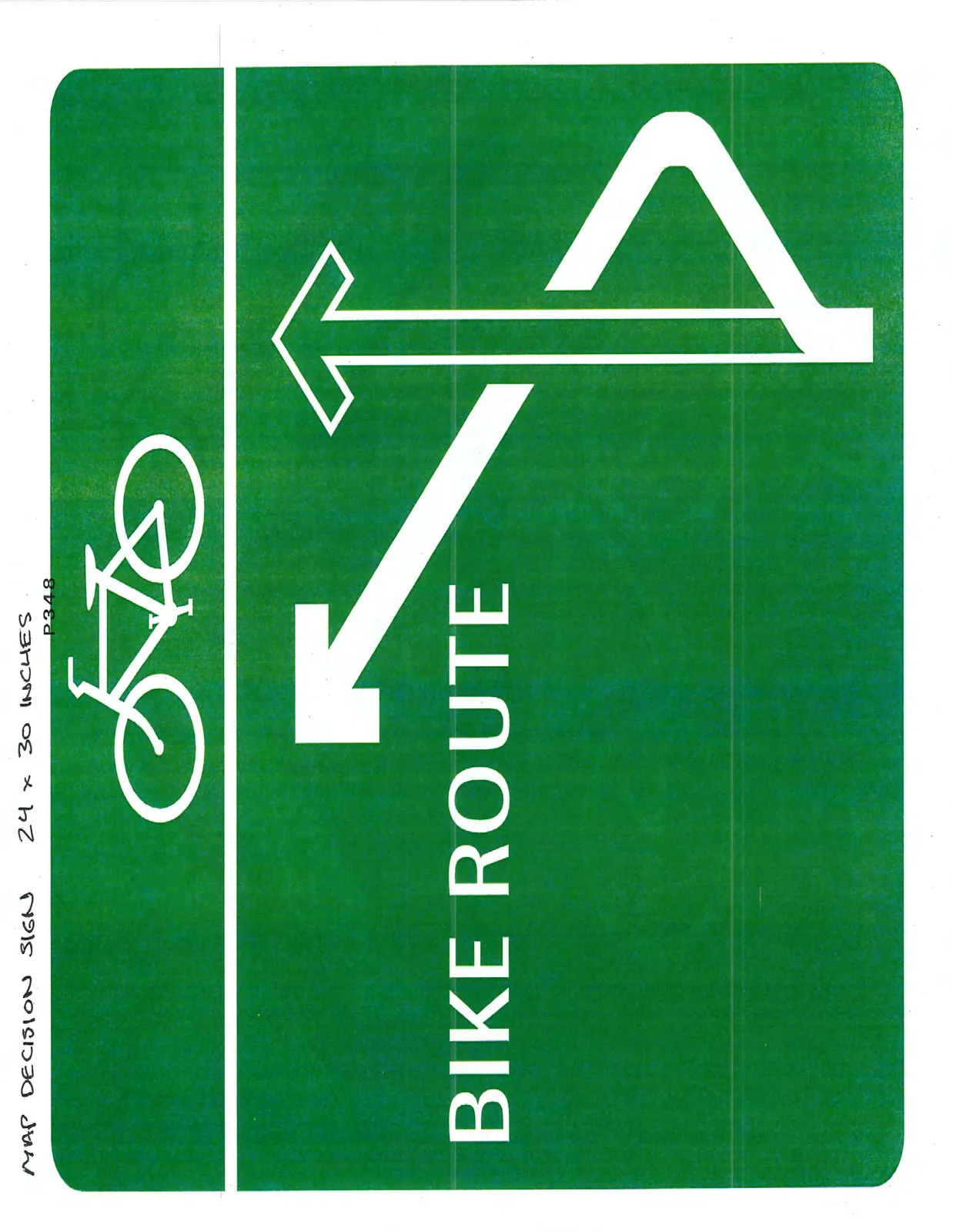 Green rectangular map decision sign with a bicycle symbol, the text "BIKE ROUTE", and a white path diagram showing a three-way split.